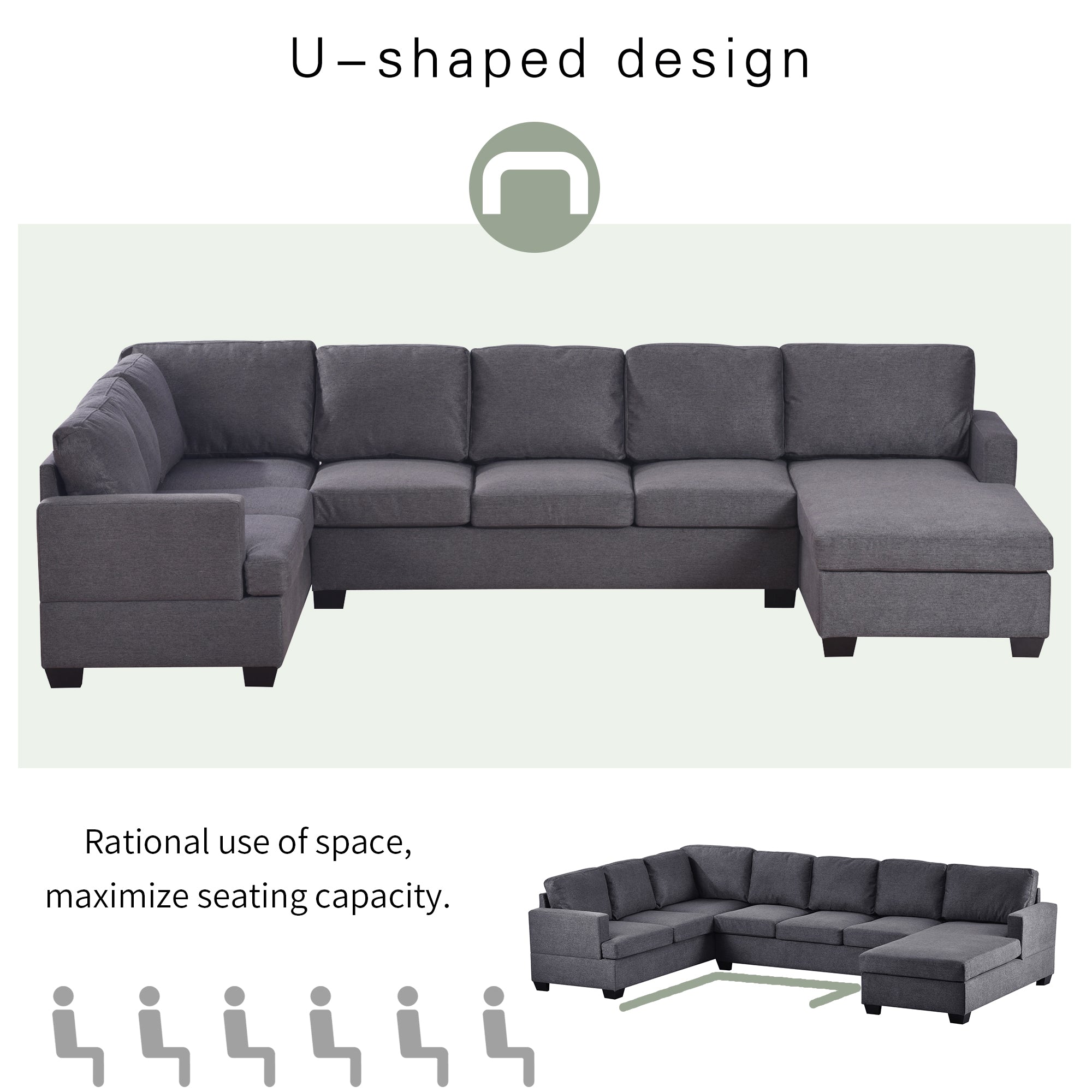 125.6" Polyester Square Arm Modern Large Upholstered U-Shape Sectional Sofa