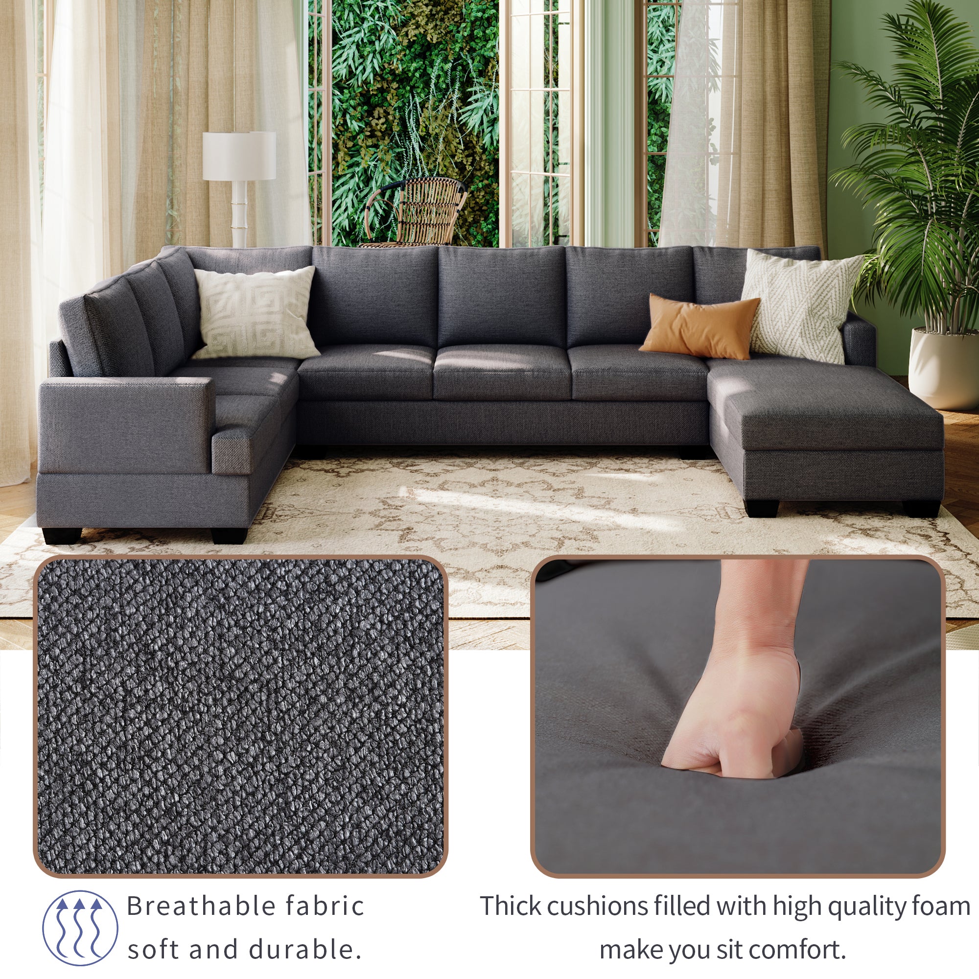 125.6" Polyester Square Arm Modern Large Upholstered U-Shape Sectional Sofa