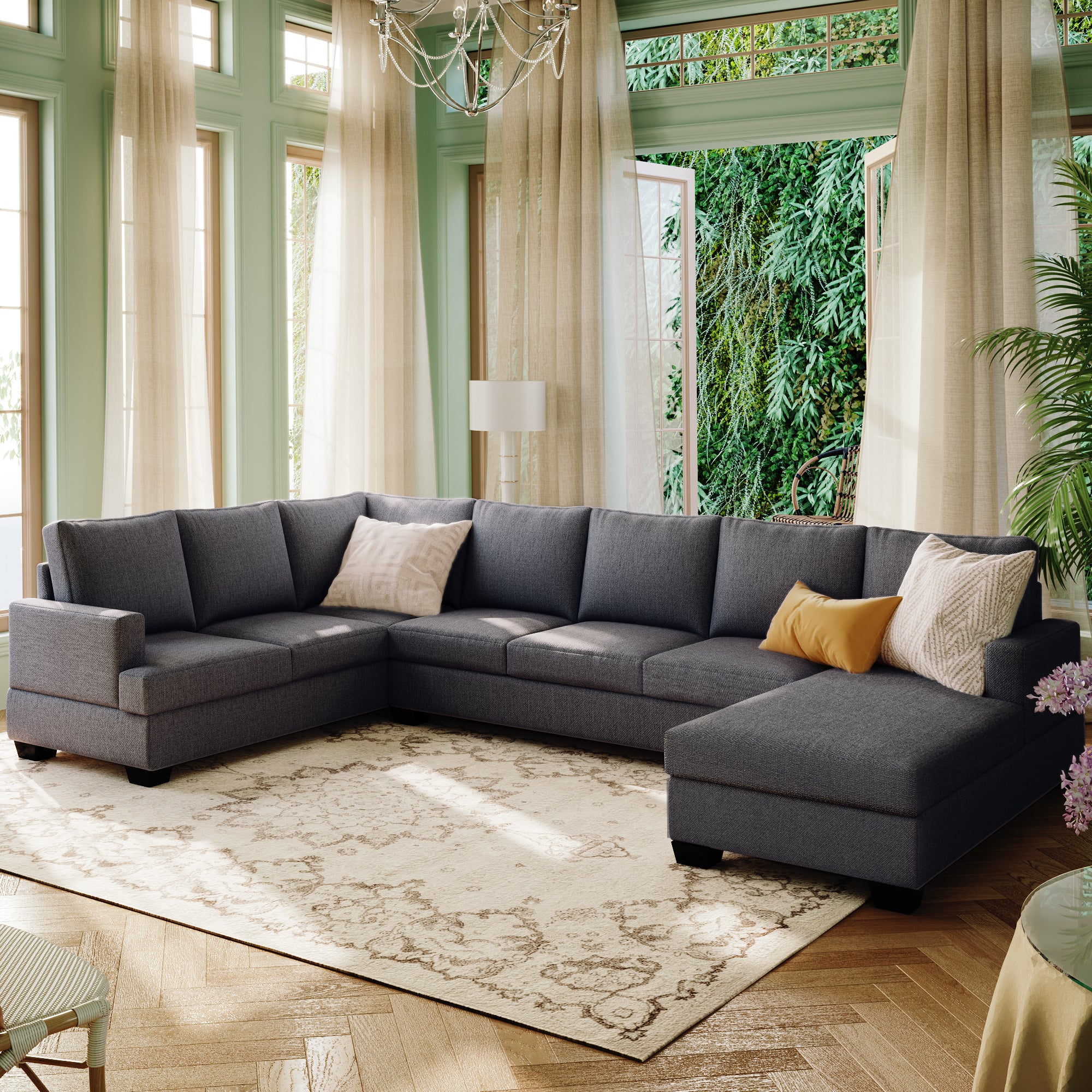 125.6" Polyester Square Arm Modern Large Upholstered U-Shape Sectional Sofa