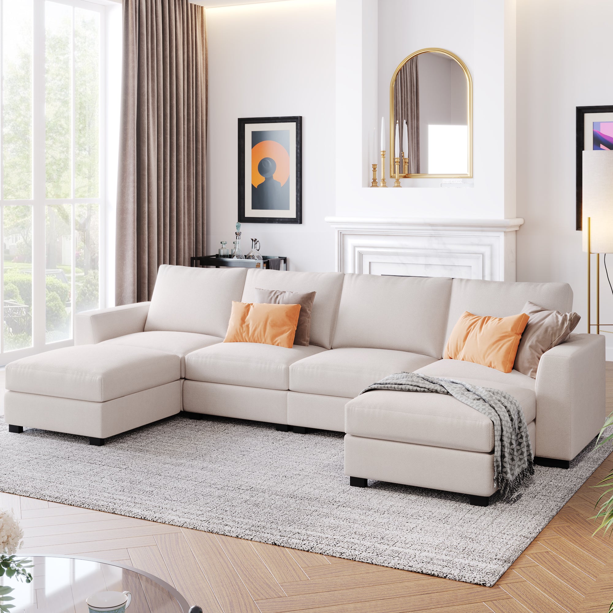 130.7" Polyester Flared Arm Sofa with Removable Ottomans