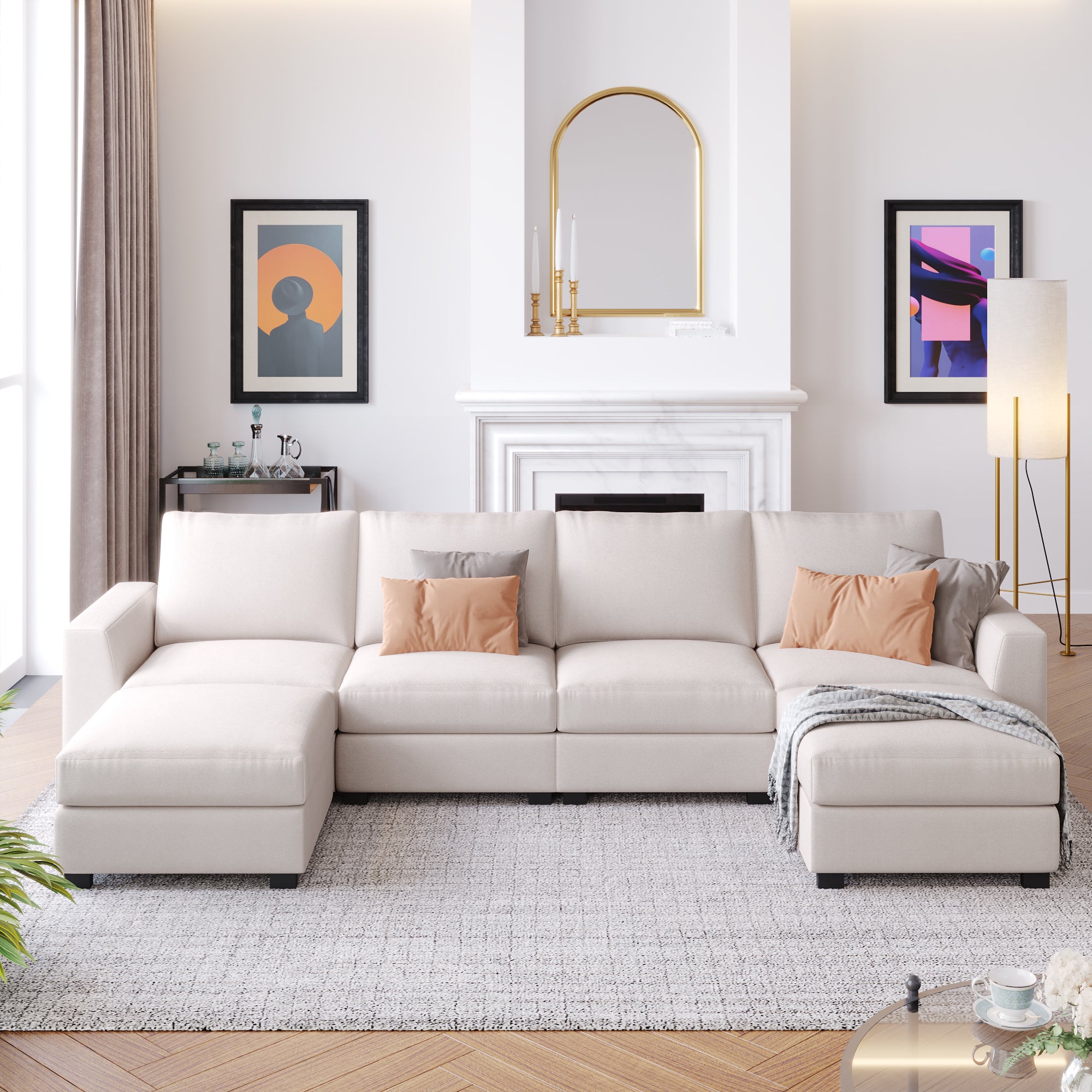 130.7" Polyester Flared Arm Sofa with Removable Ottomans