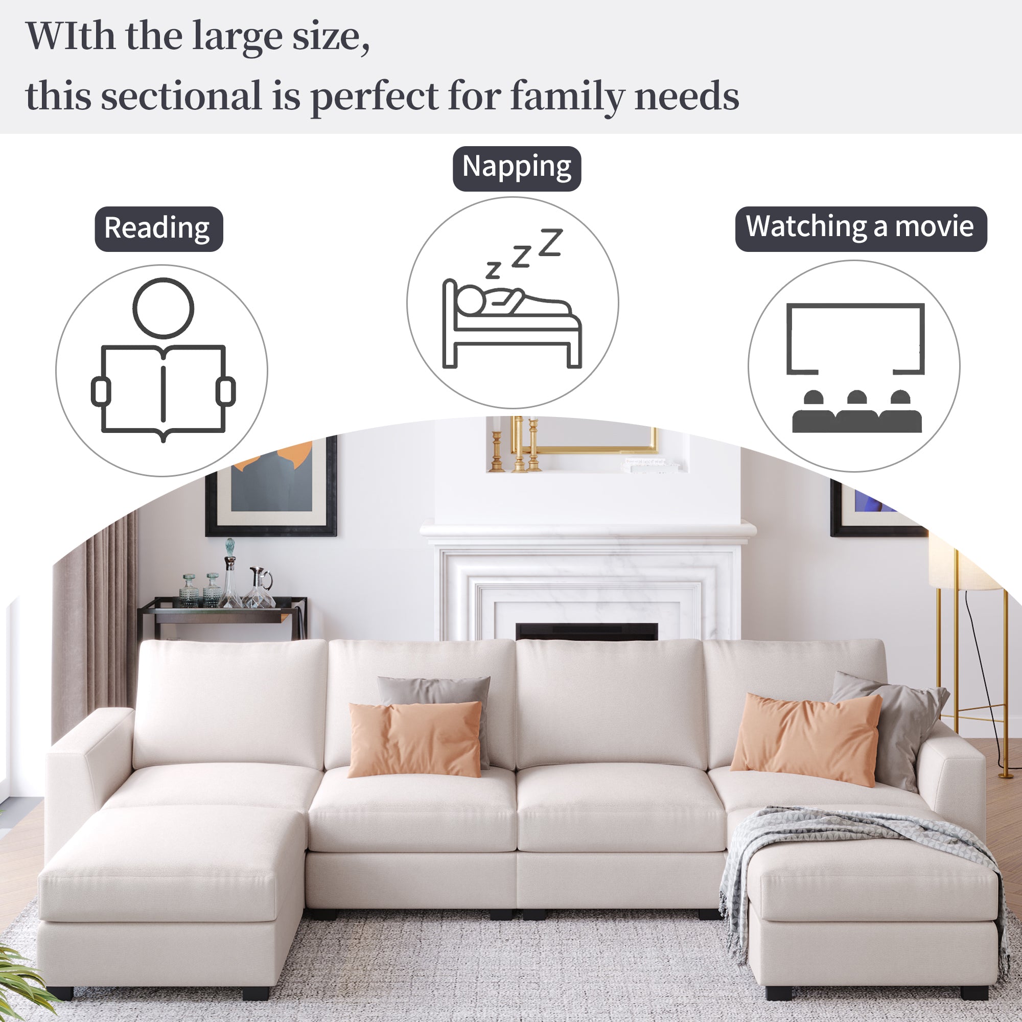 130.7" Polyester Flared Arm Sofa with Removable Ottomans