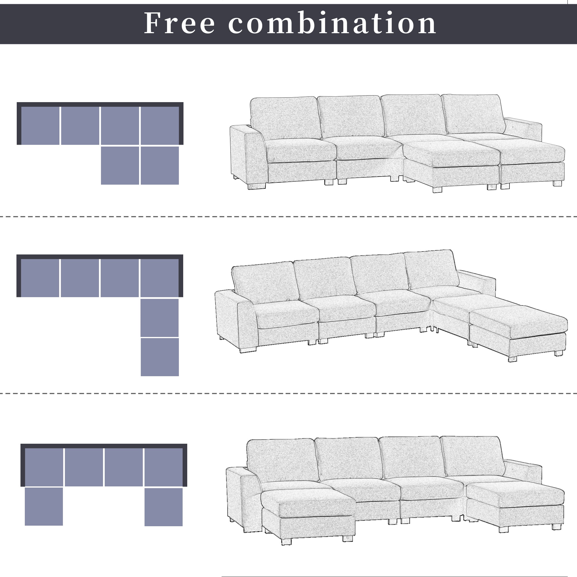 130.7" Polyester Flared Arm Sofa with Removable Ottomans