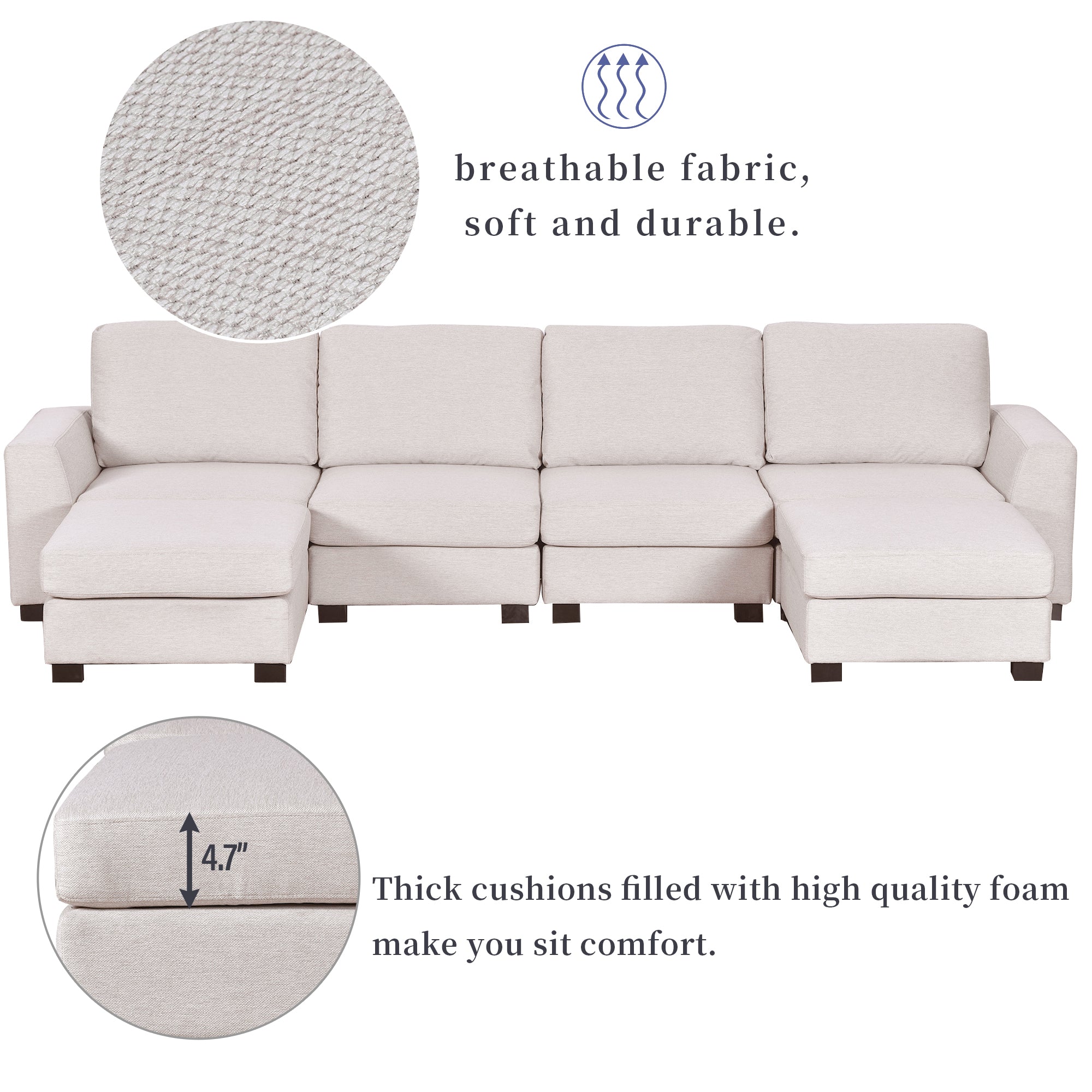 130.7" Polyester Flared Arm Sofa with Removable Ottomans