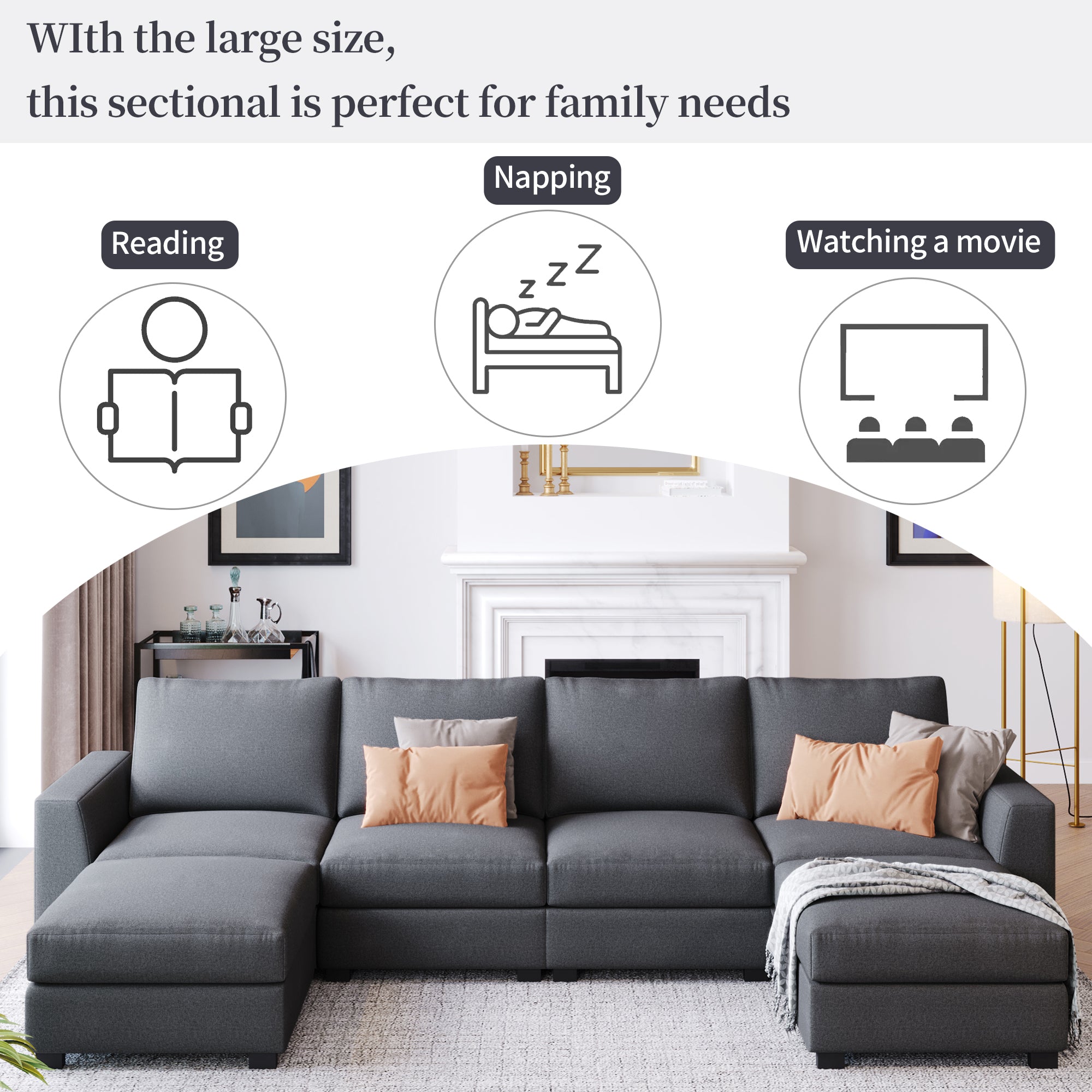 130.7" Polyester Flared Arm Sofa with Removable Ottomans