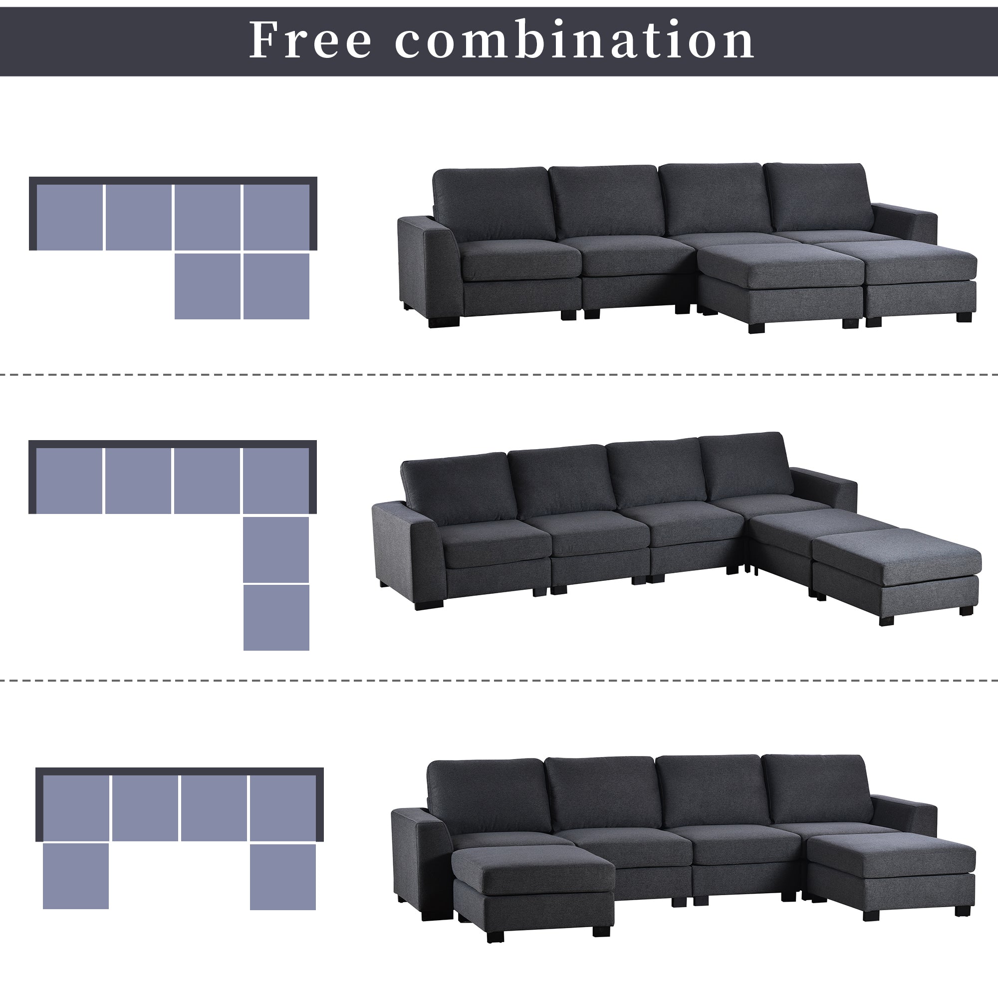 130.7" Polyester Flared Arm Sofa with Removable Ottomans