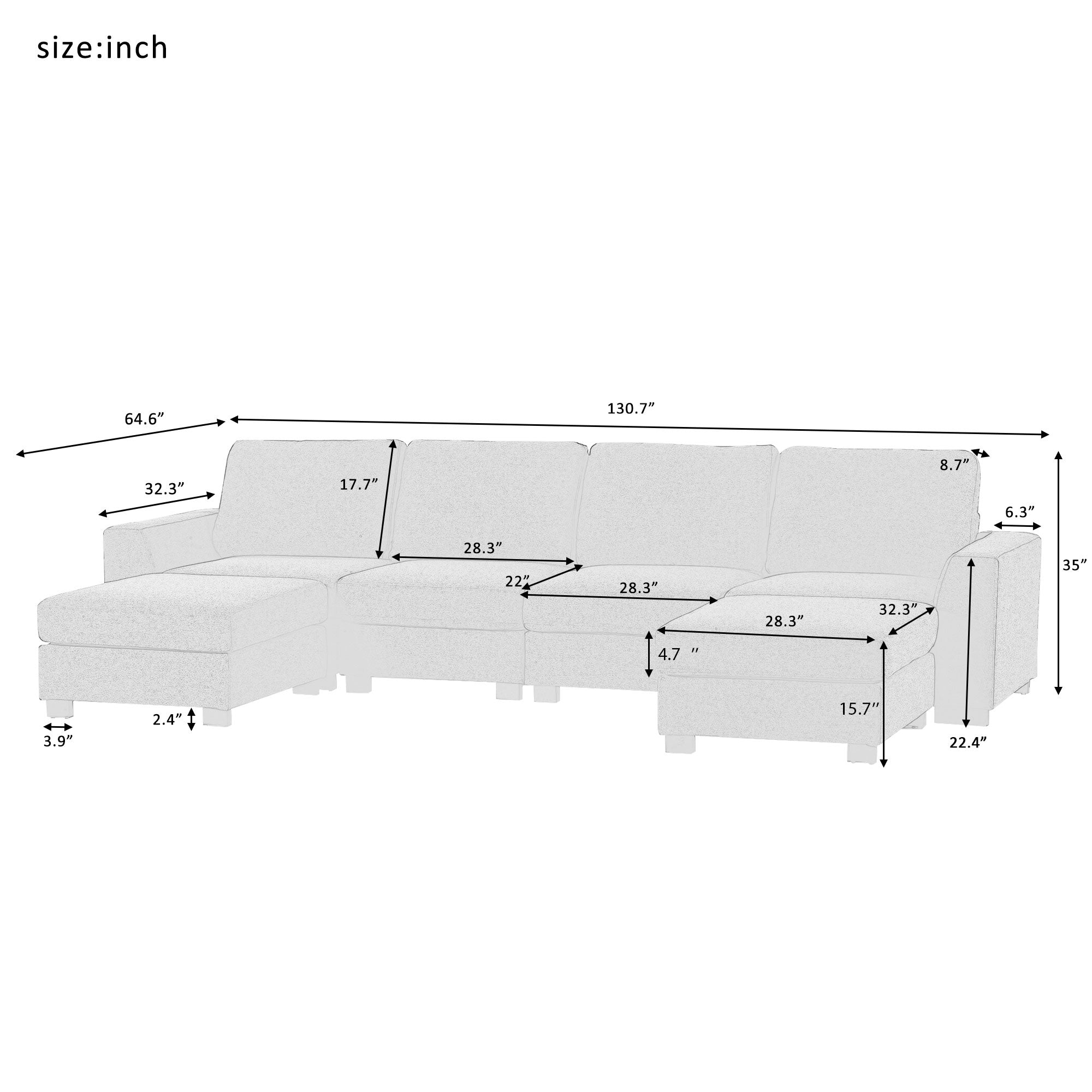 130.7" Polyester Flared Arm Sofa with Removable Ottomans