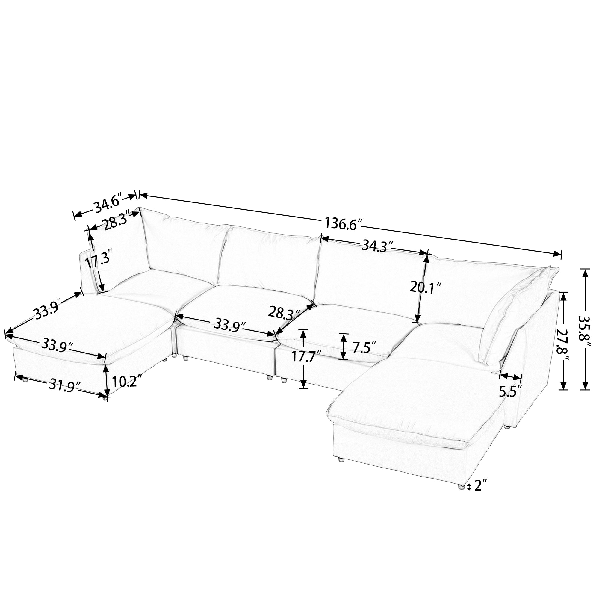 136.6" Polyester Flared Arm Sofa Chaise with Removable Cushions