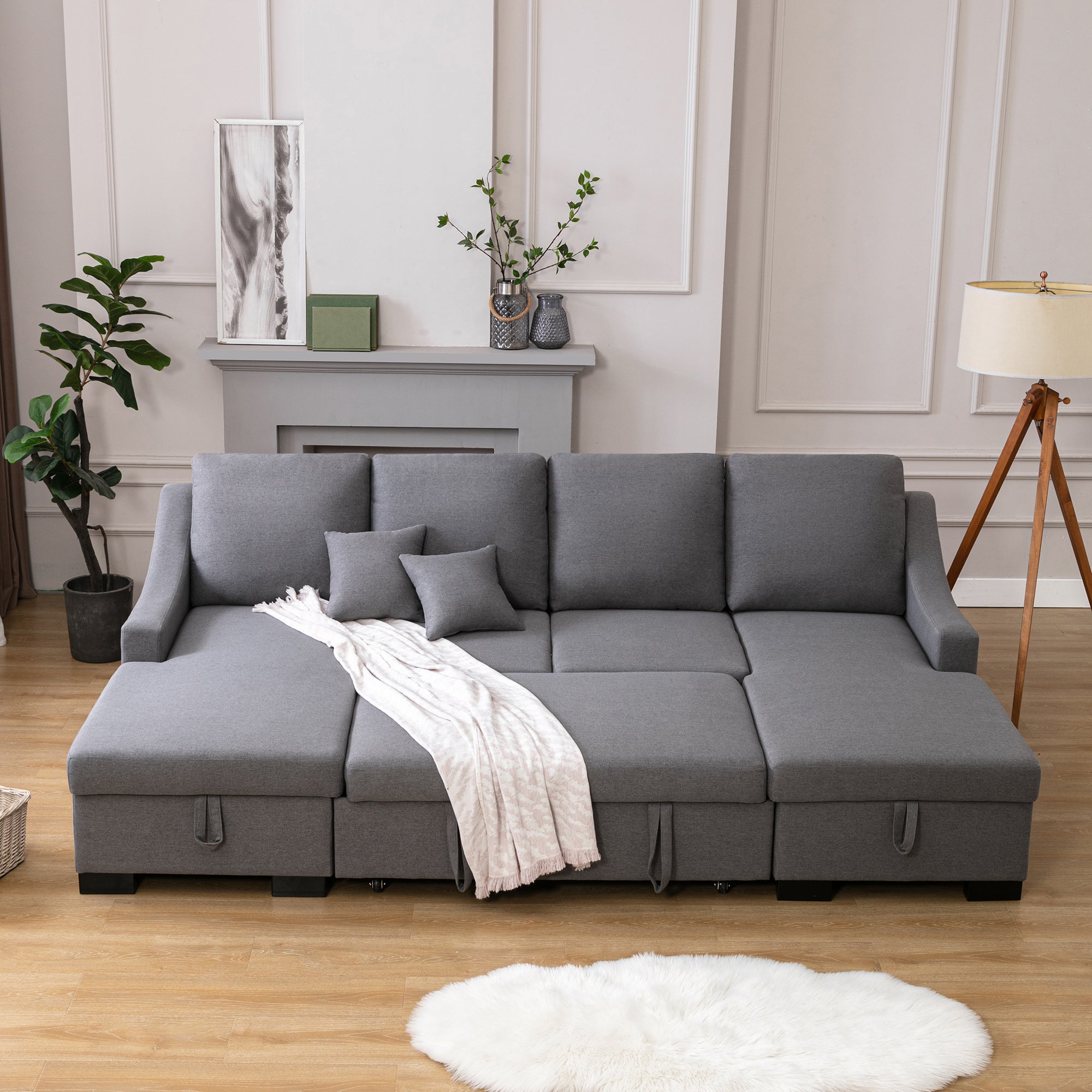 104.7" Linen Recessed Arm Sleeper Sectional Sofa with Double Storage Spaces