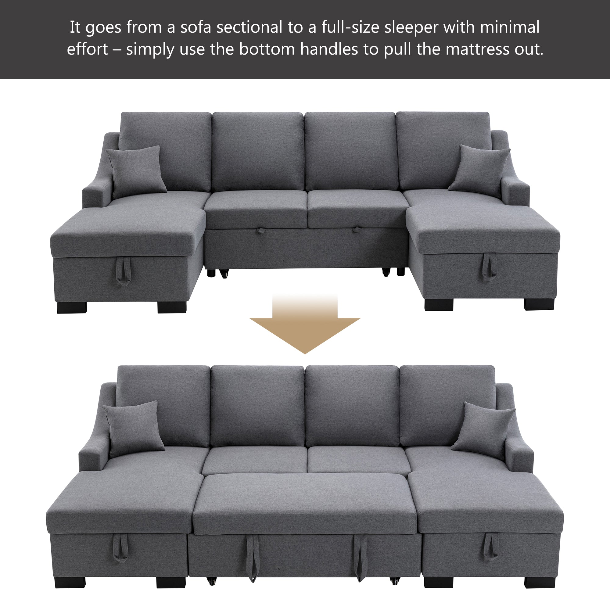 104.7" Linen Recessed Arm Sleeper Sectional Sofa with Double Storage Spaces