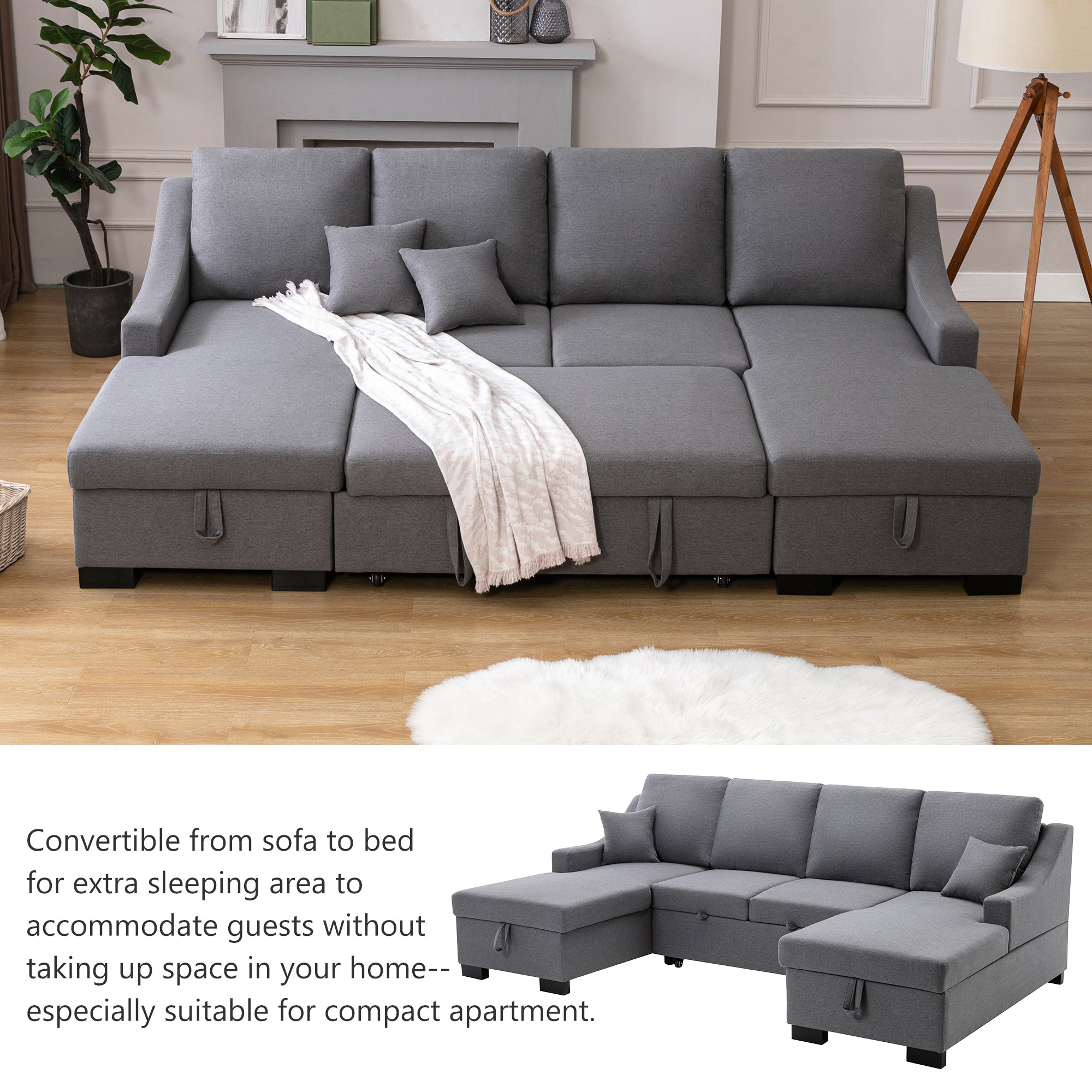 104.7" Linen Recessed Arm Sleeper Sectional Sofa with Double Storage Spaces