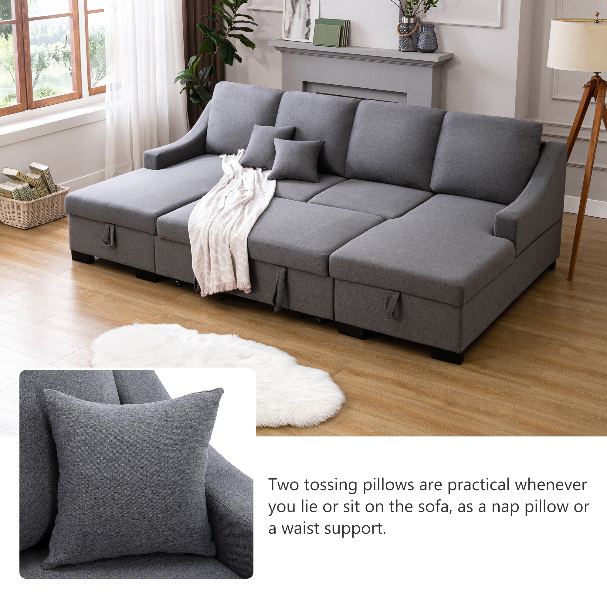 104.7" Linen Recessed Arm Sleeper Sectional Sofa with Double Storage Spaces