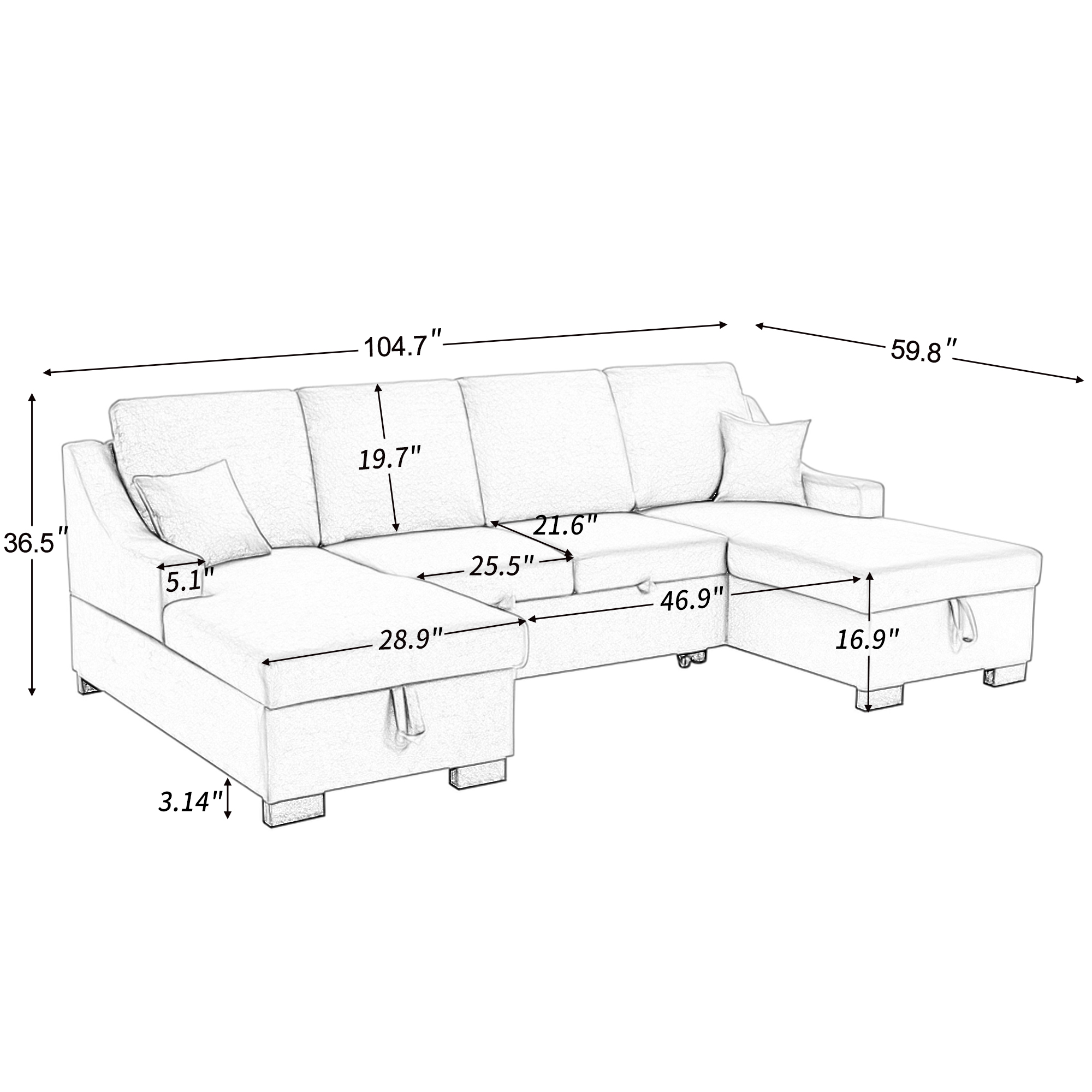 104.7" Linen Recessed Arm Sleeper Sectional Sofa with Double Storage Spaces