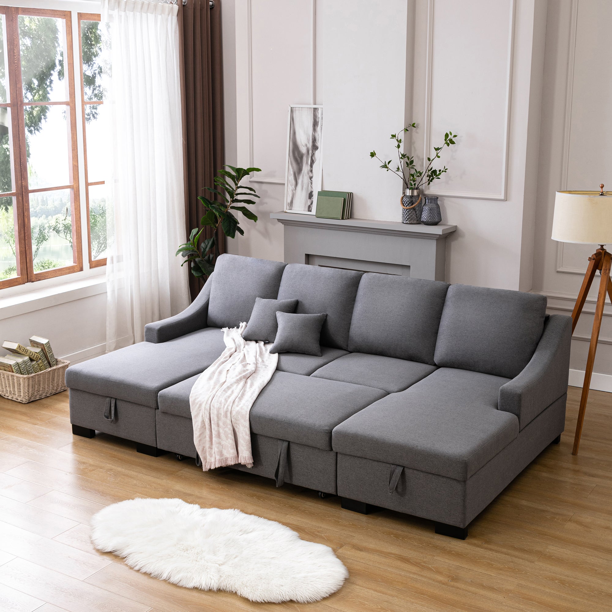 104.7" Linen Recessed Arm Sleeper Sectional Sofa with Double Storage Spaces