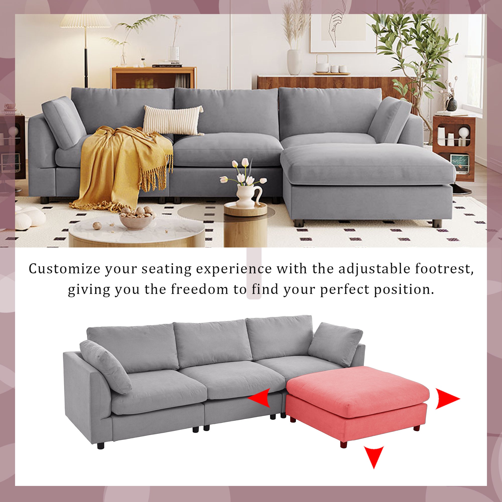 113" Polyester Pillow top Arm Convertible Sectional Sofa