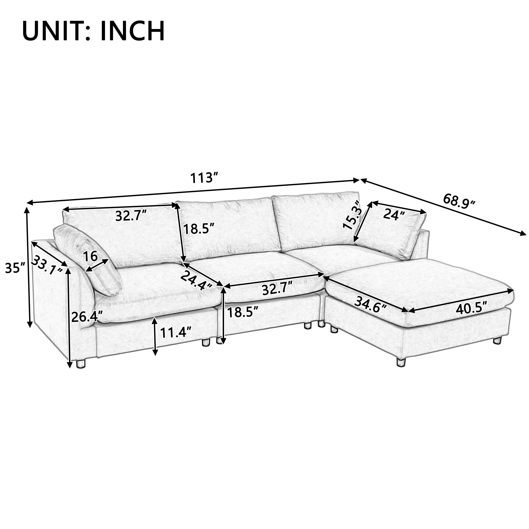 113" Polyester Pillow top Arm Convertible Sectional Sofa