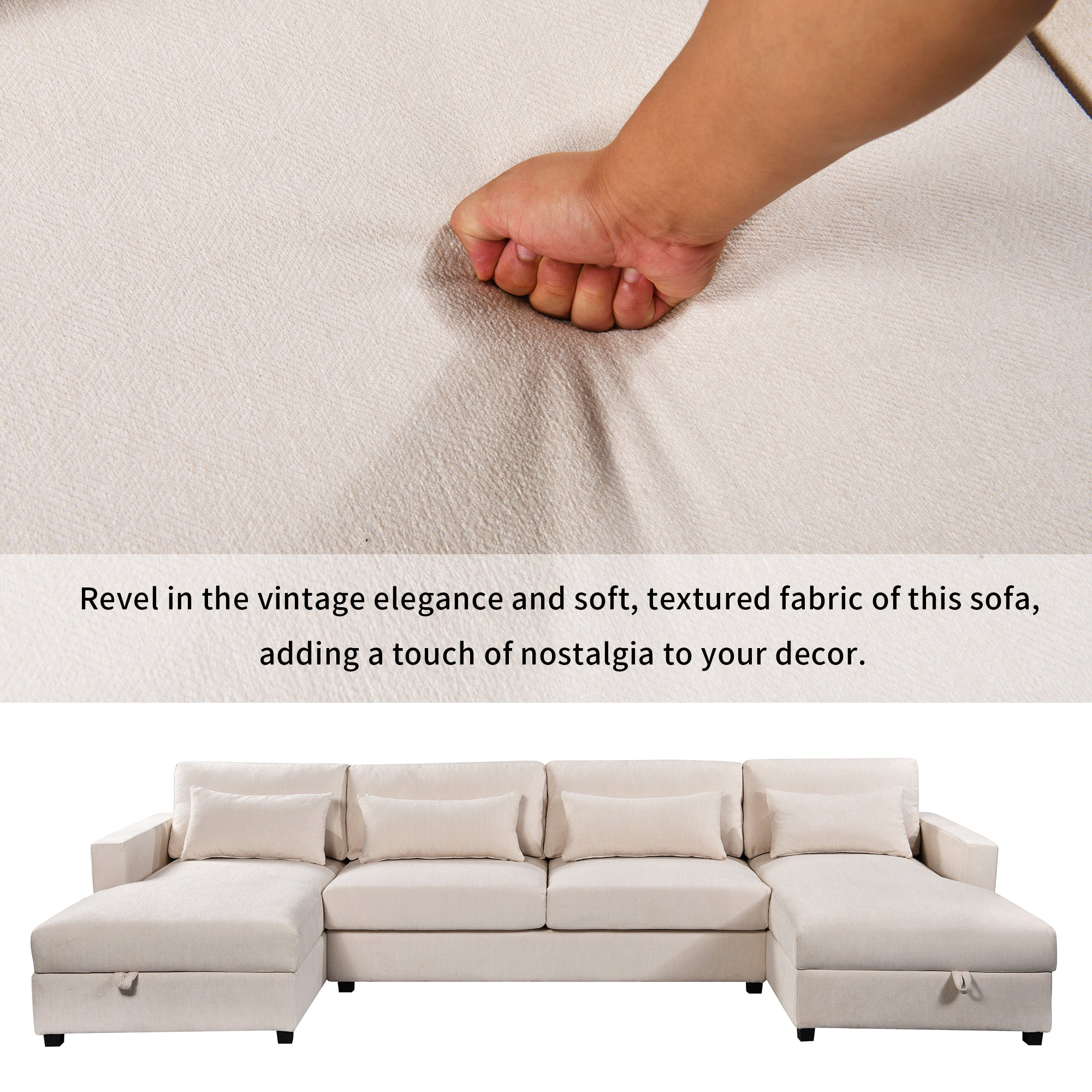 128" Polyester Square Arm Sofa Chaise with Pillows