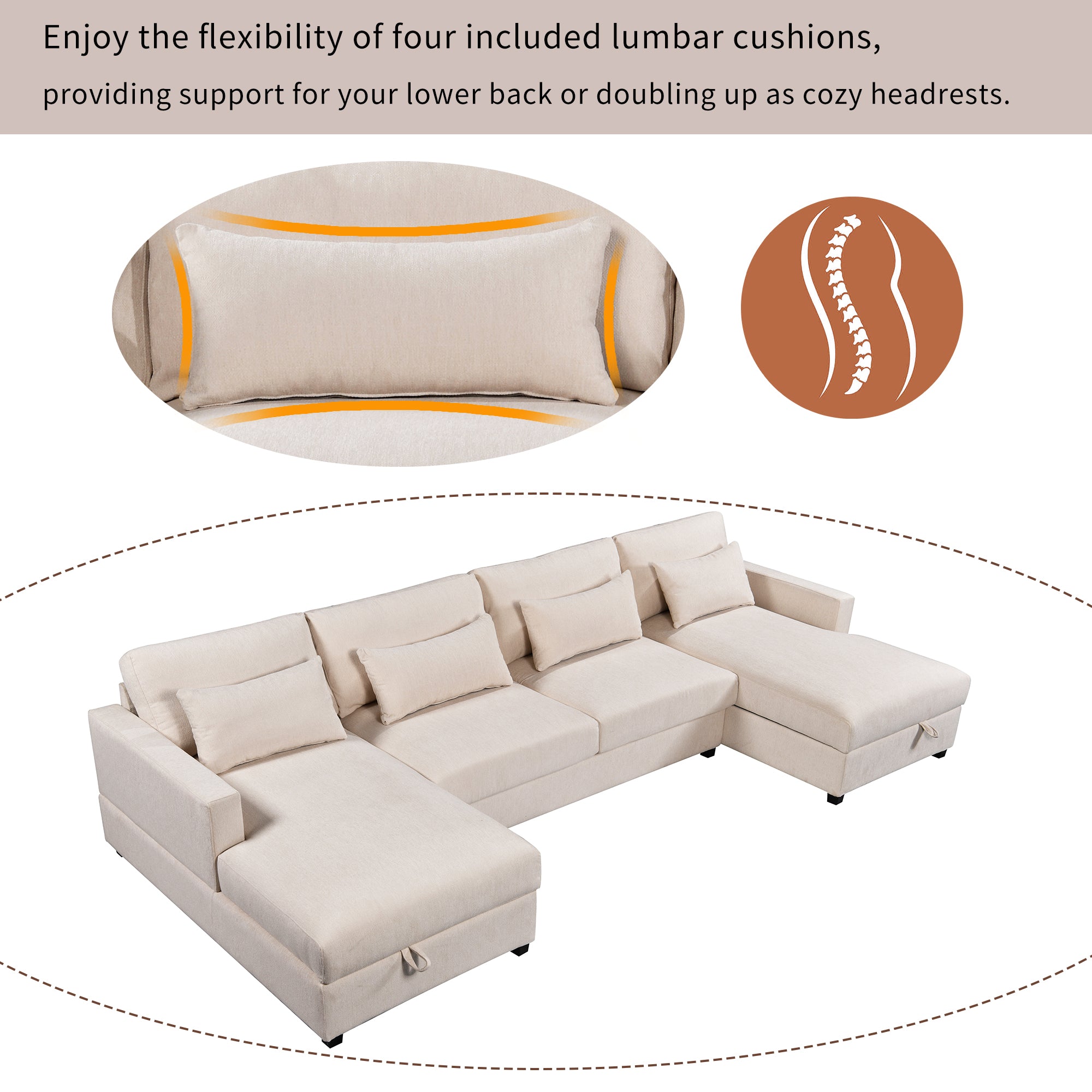 128" Polyester Square Arm Sofa Chaise with Pillows