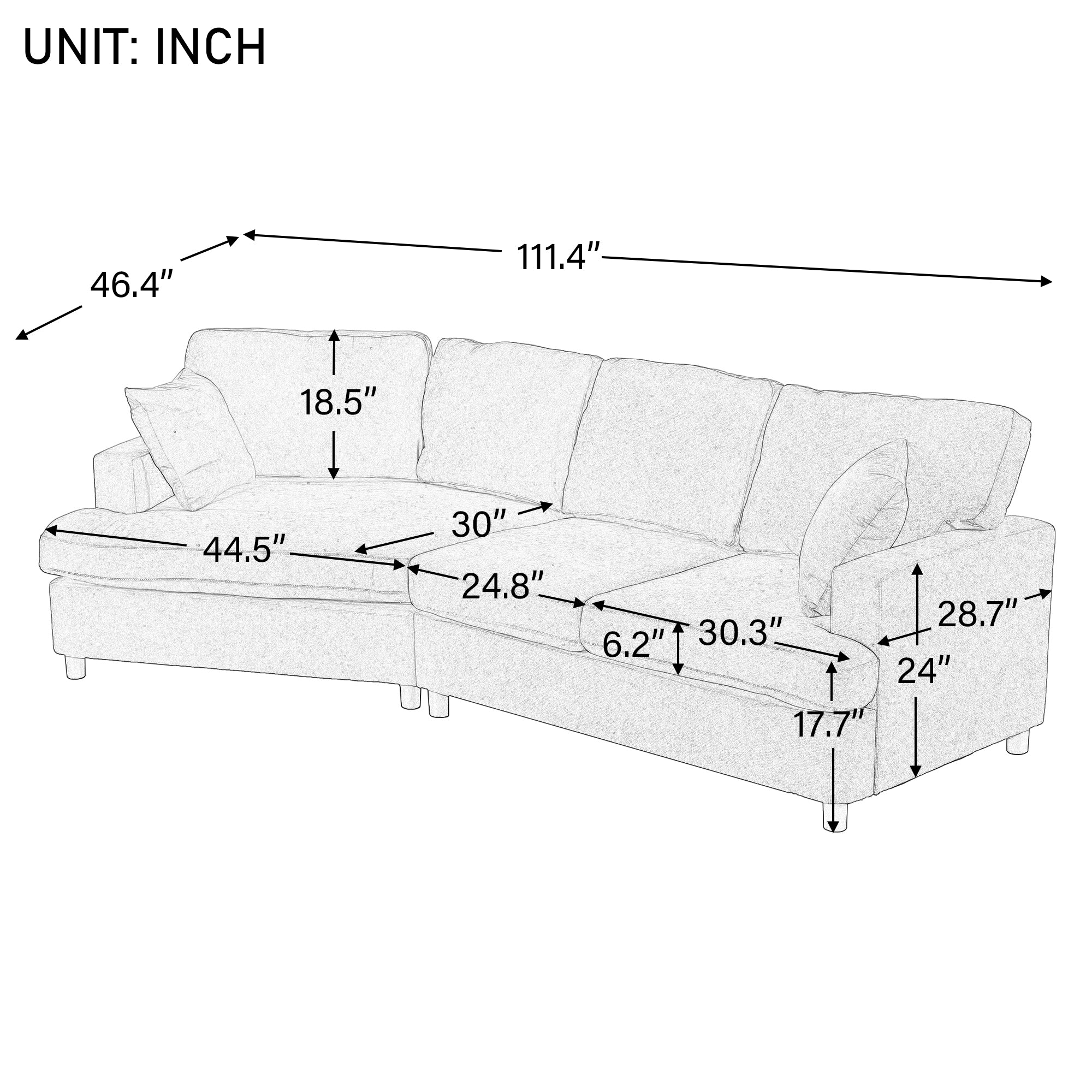 111.4" Polyester Square Arm Sofa and Pillows