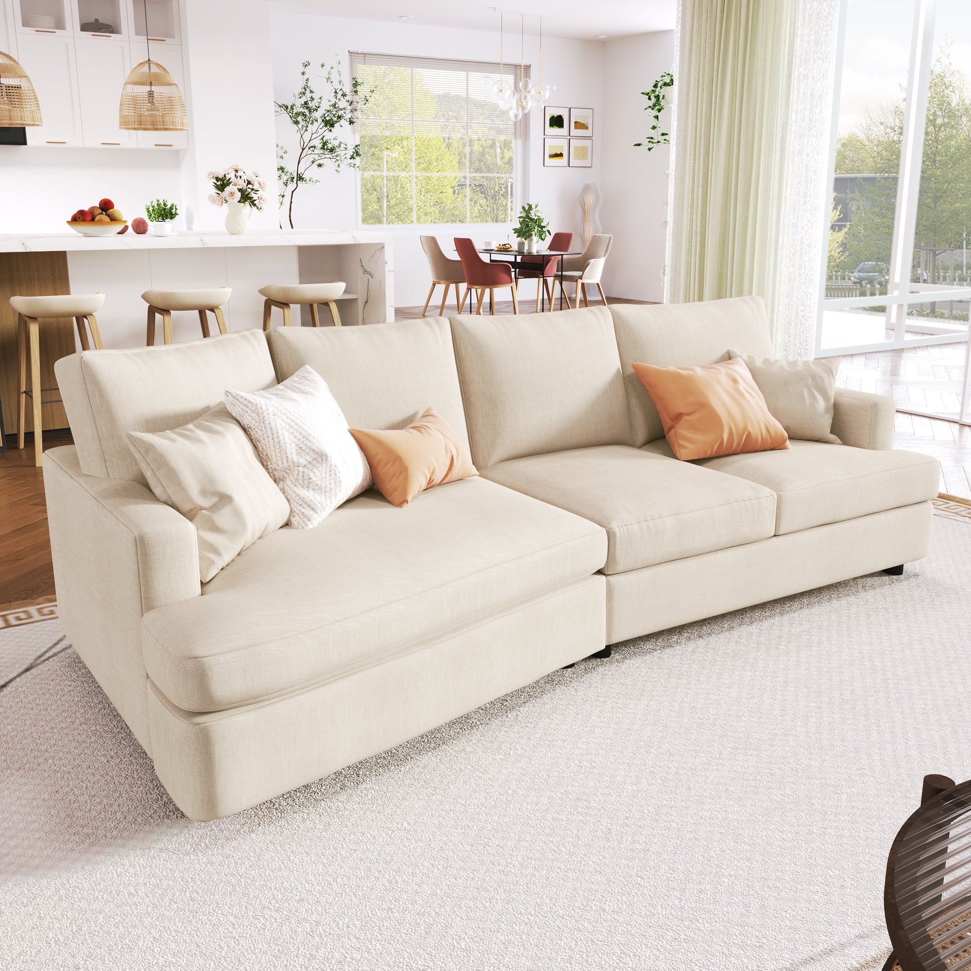 111.4" Polyester Square Arm Sofa and Pillows