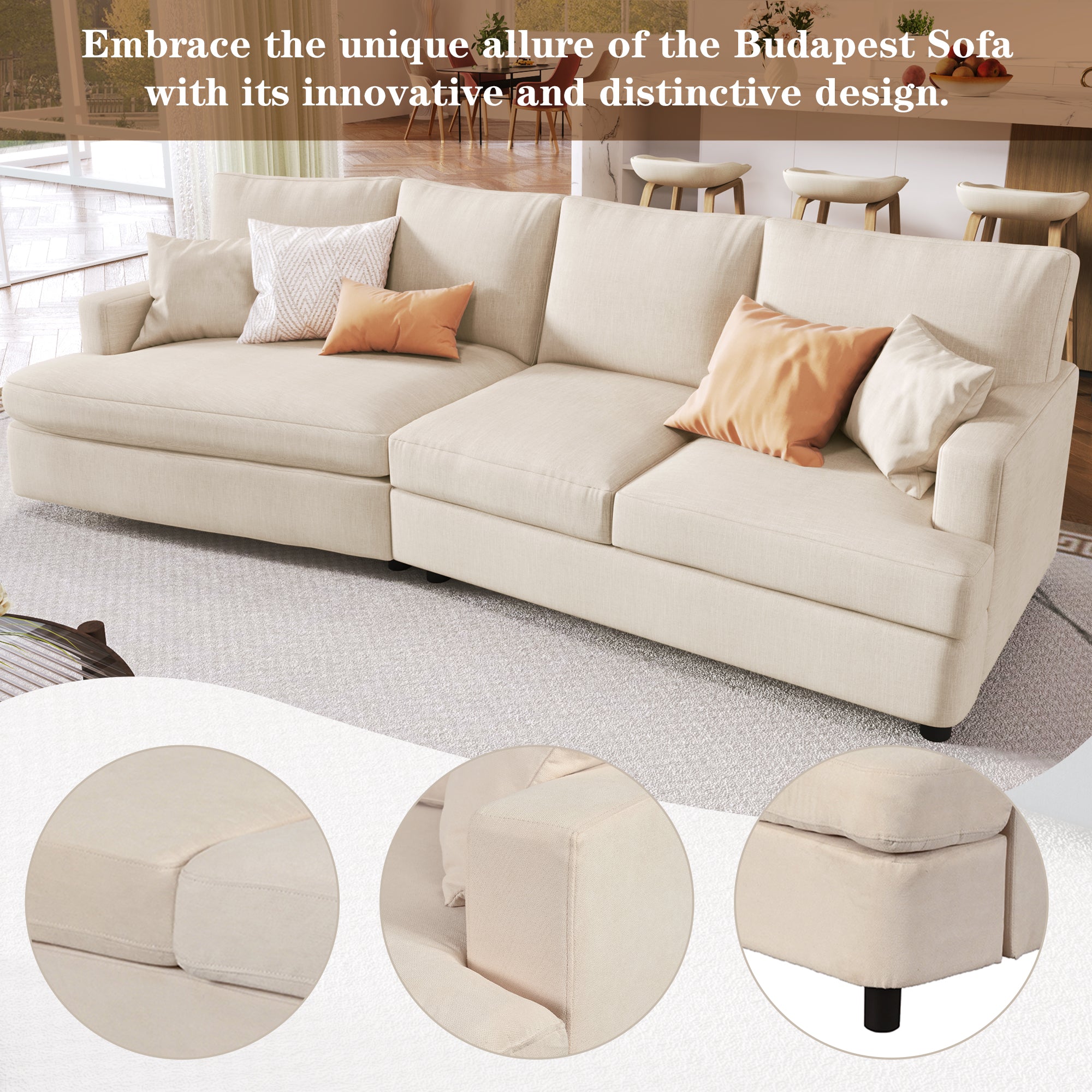 111.4" Polyester Square Arm Sofa and Pillows