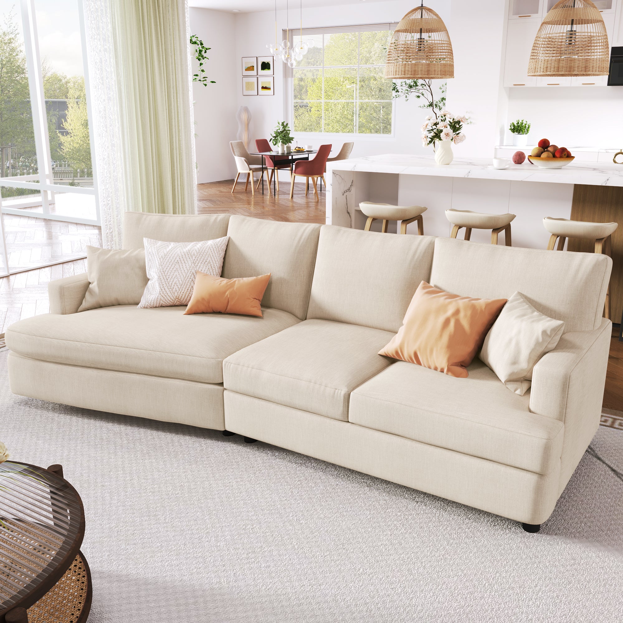 111.4" Polyester Square Arm Sofa and Pillows