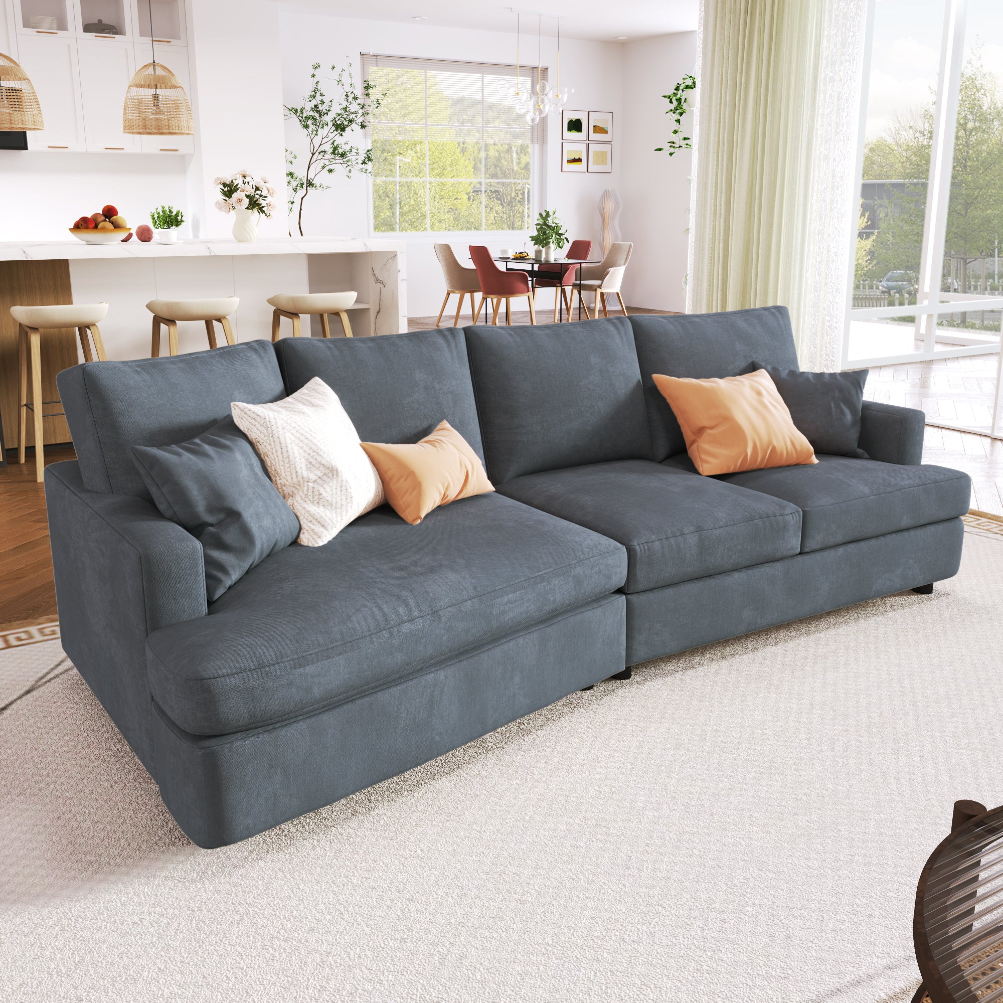 111.4" Polyester Square Arm Sofa and Pillows