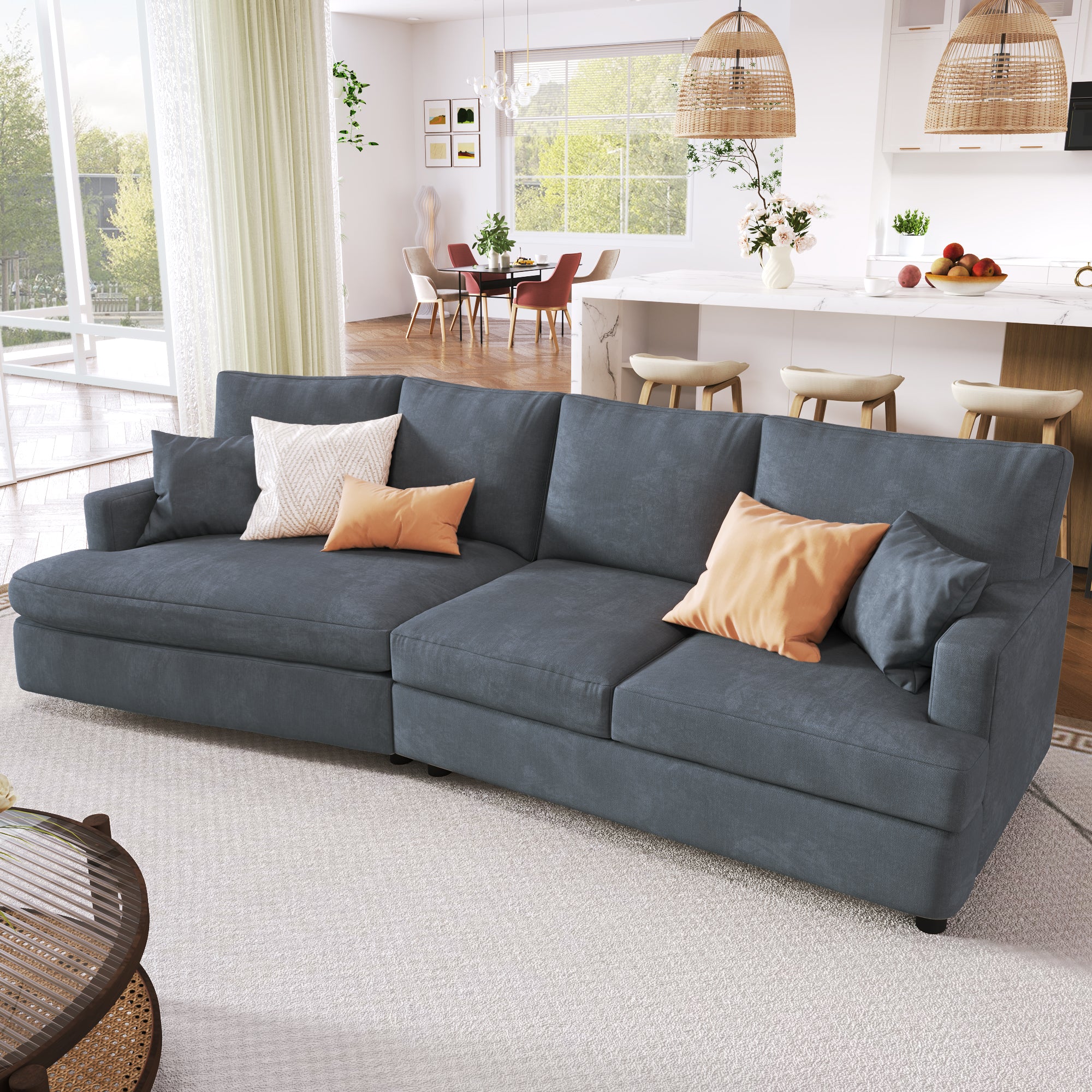 111.4" Polyester Square Arm Sofa and Pillows