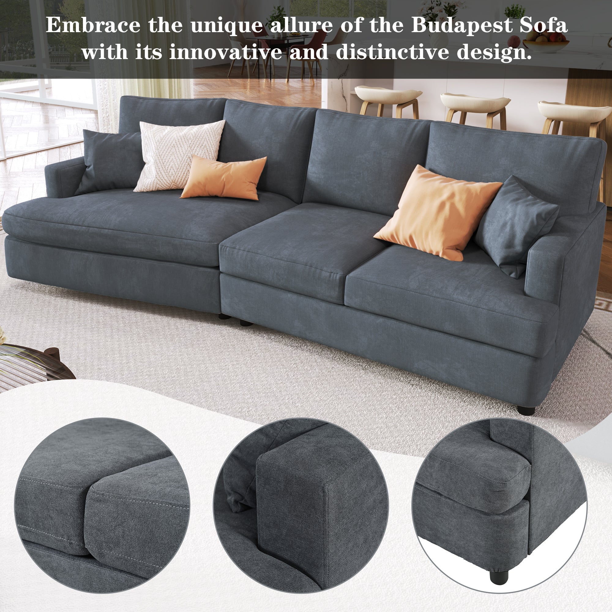 111.4" Polyester Square Arm Sofa and Pillows