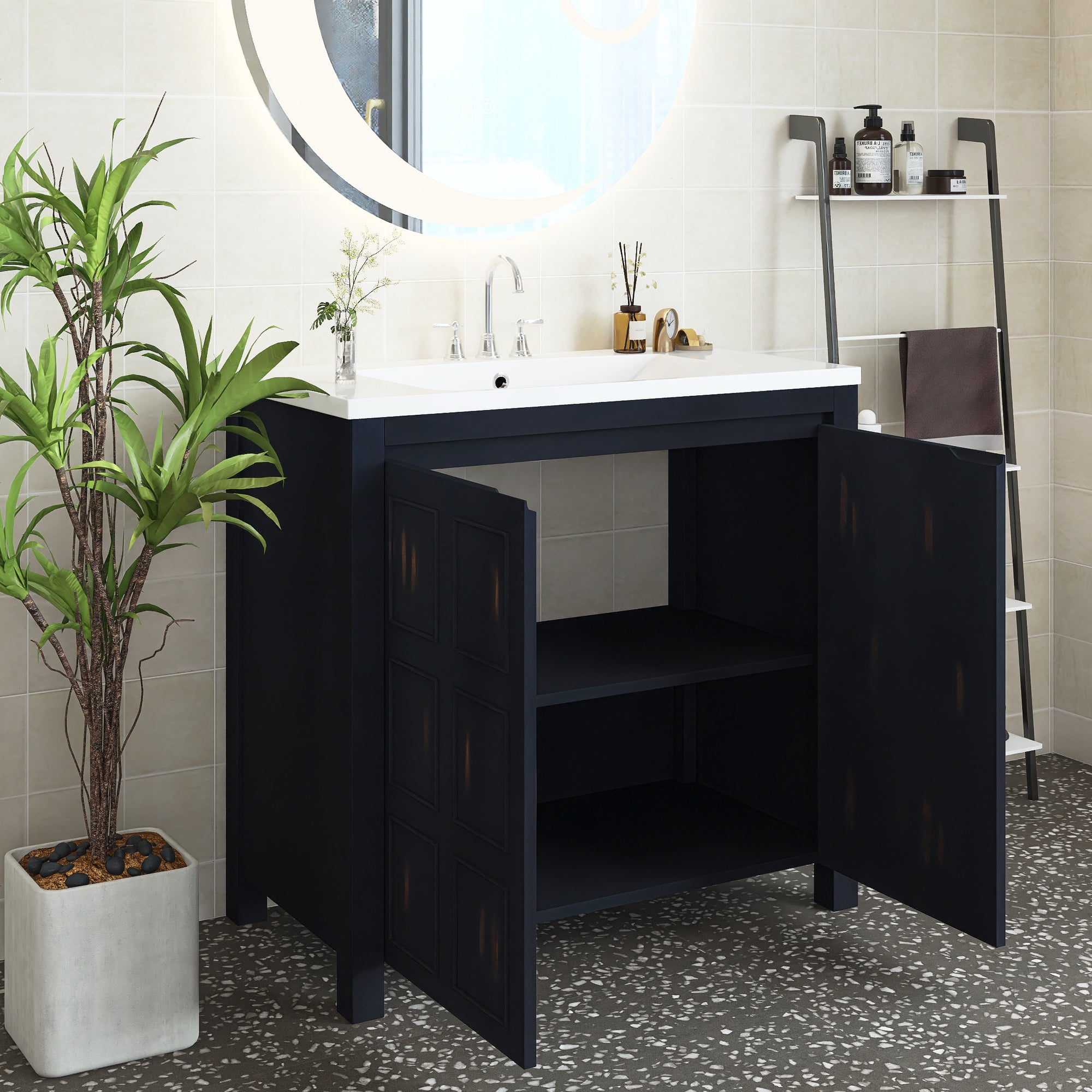 36 inch Freestanding Bath Vanity in Retro Espresso with White Resin Top