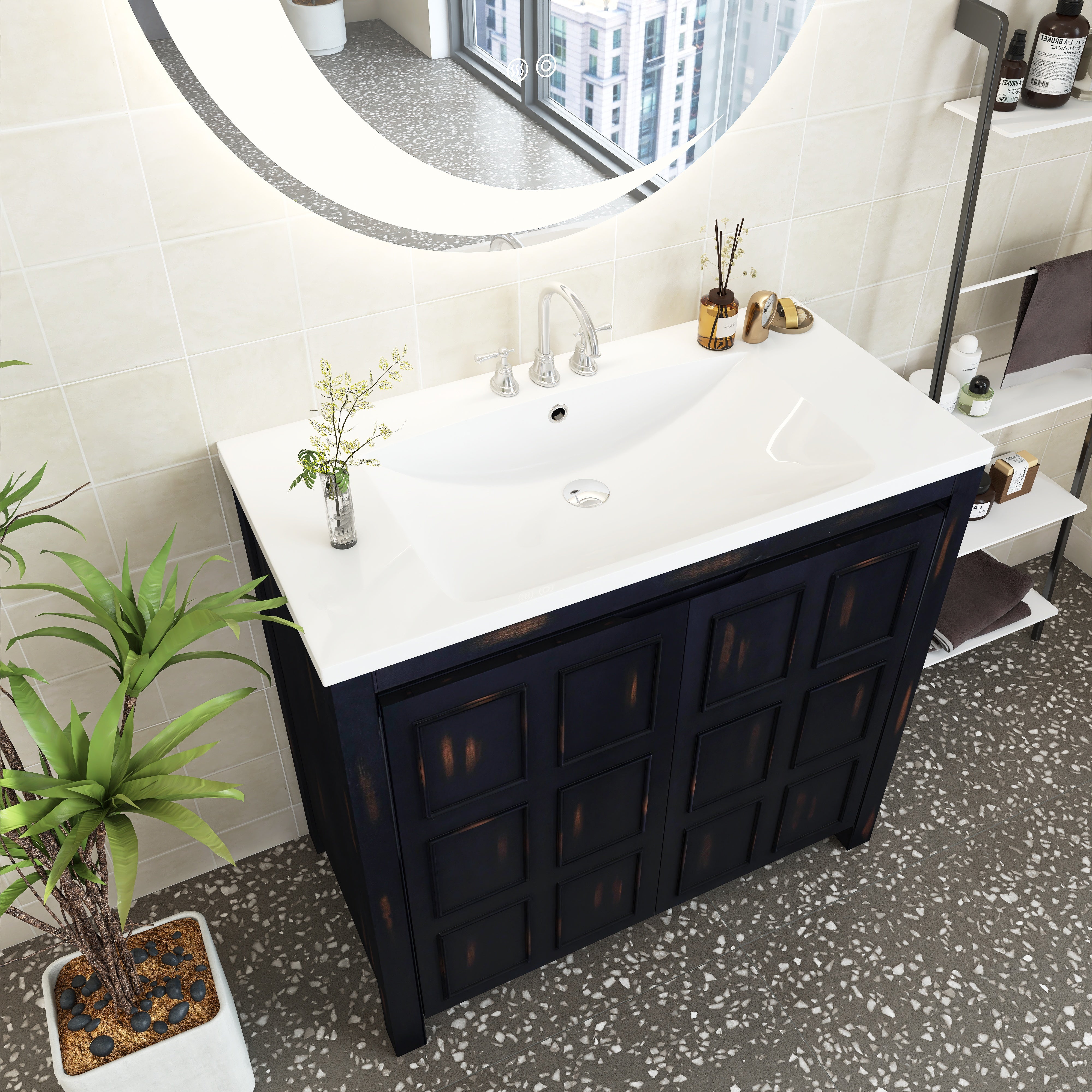 36 inch Freestanding Bath Vanity in Retro Espresso with White Resin Top