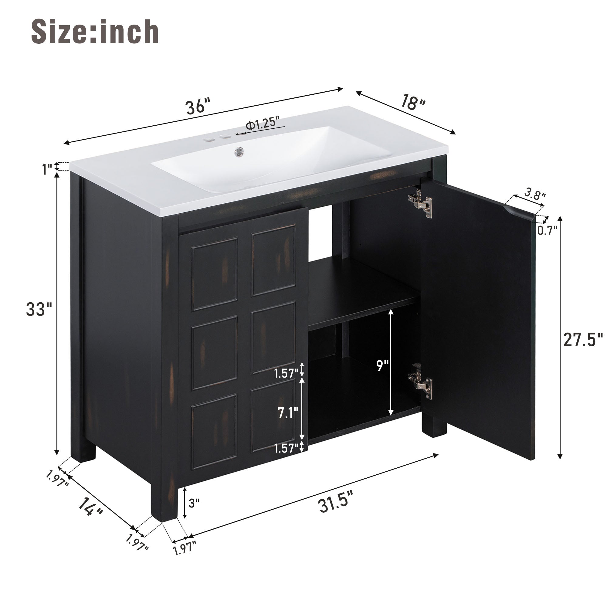 36 inch Freestanding Bath Vanity in Retro Espresso with White Resin Top