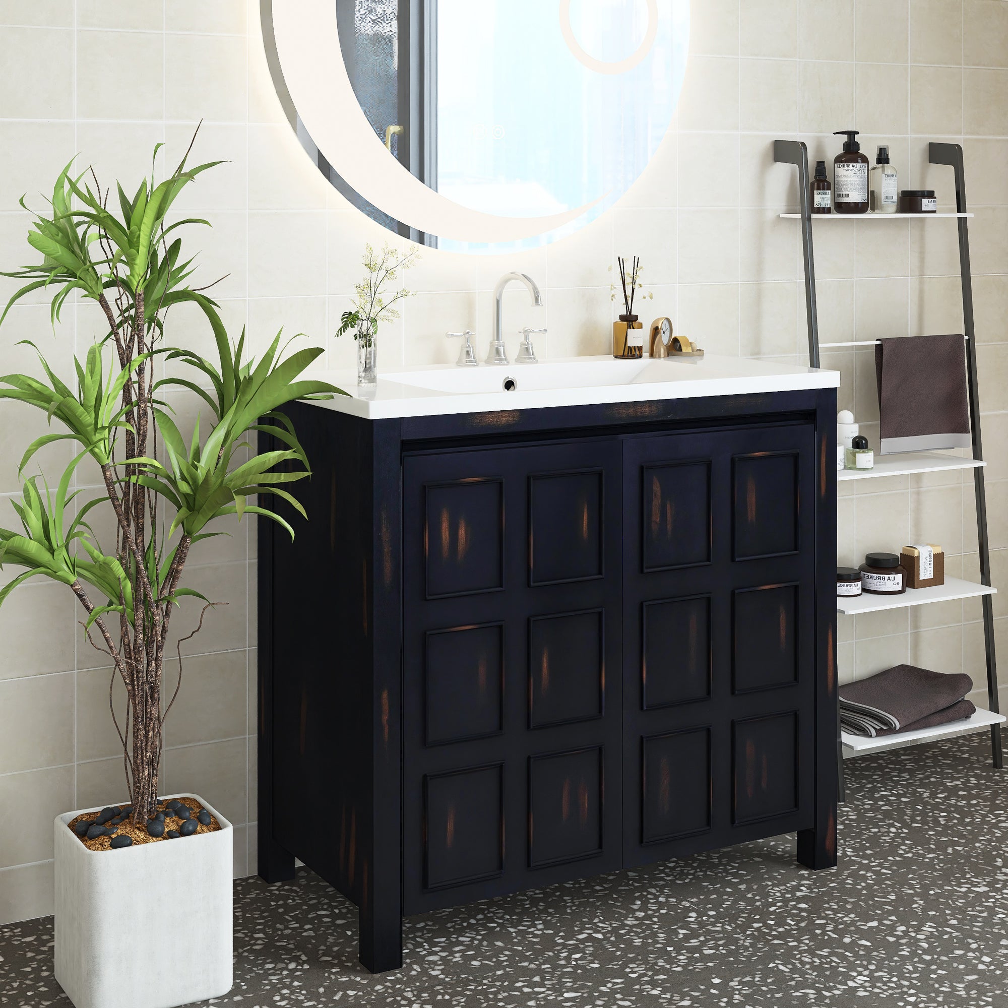 36 inch Freestanding Bath Vanity in Retro Espresso with White Resin Top