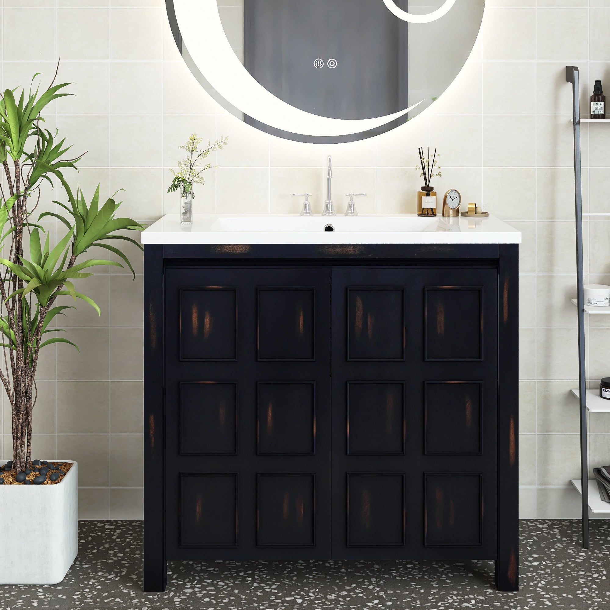 36 inch Freestanding Bath Vanity in Retro Espresso with White Resin Top