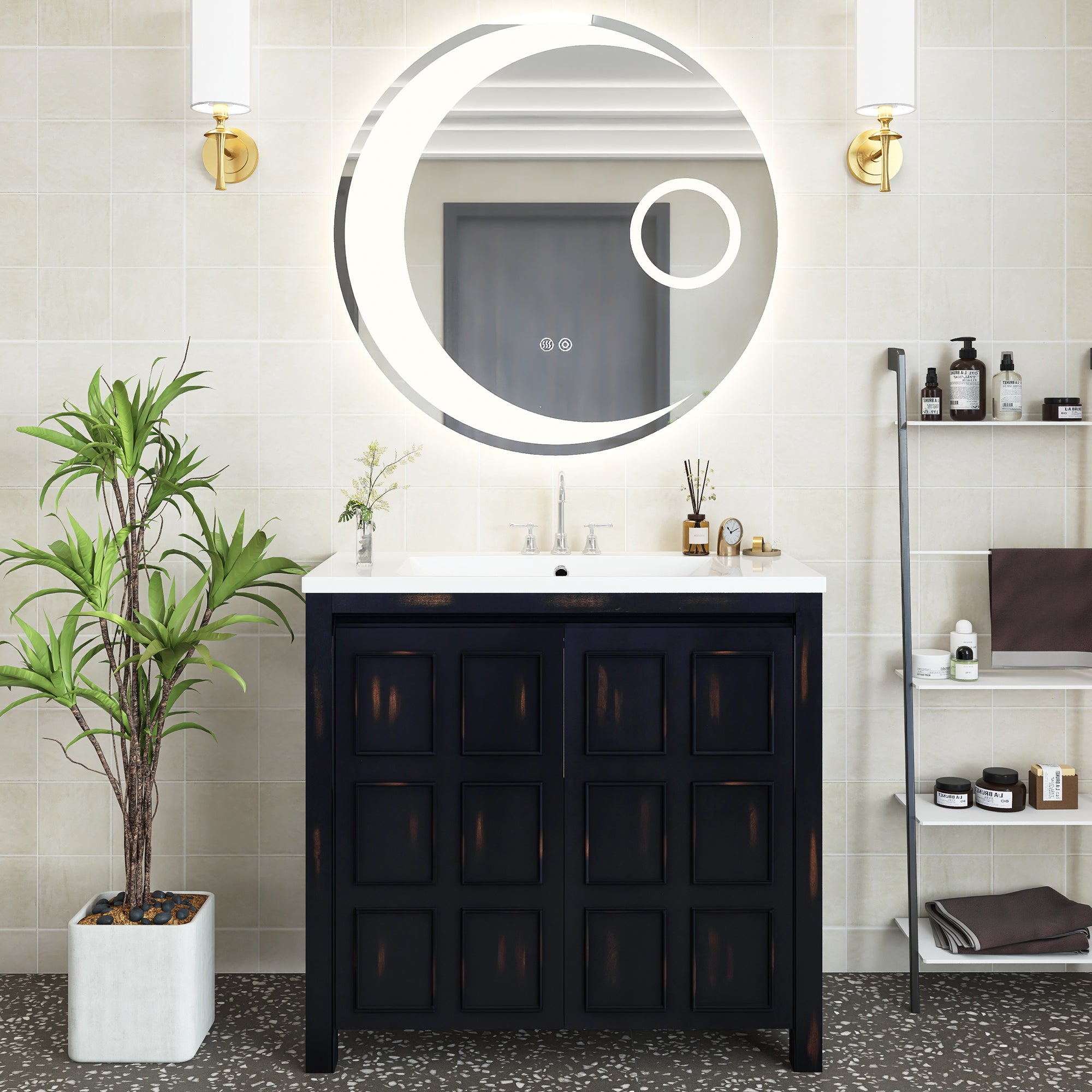 36 inch Freestanding Bath Vanity in Retro Espresso with White Resin Top
