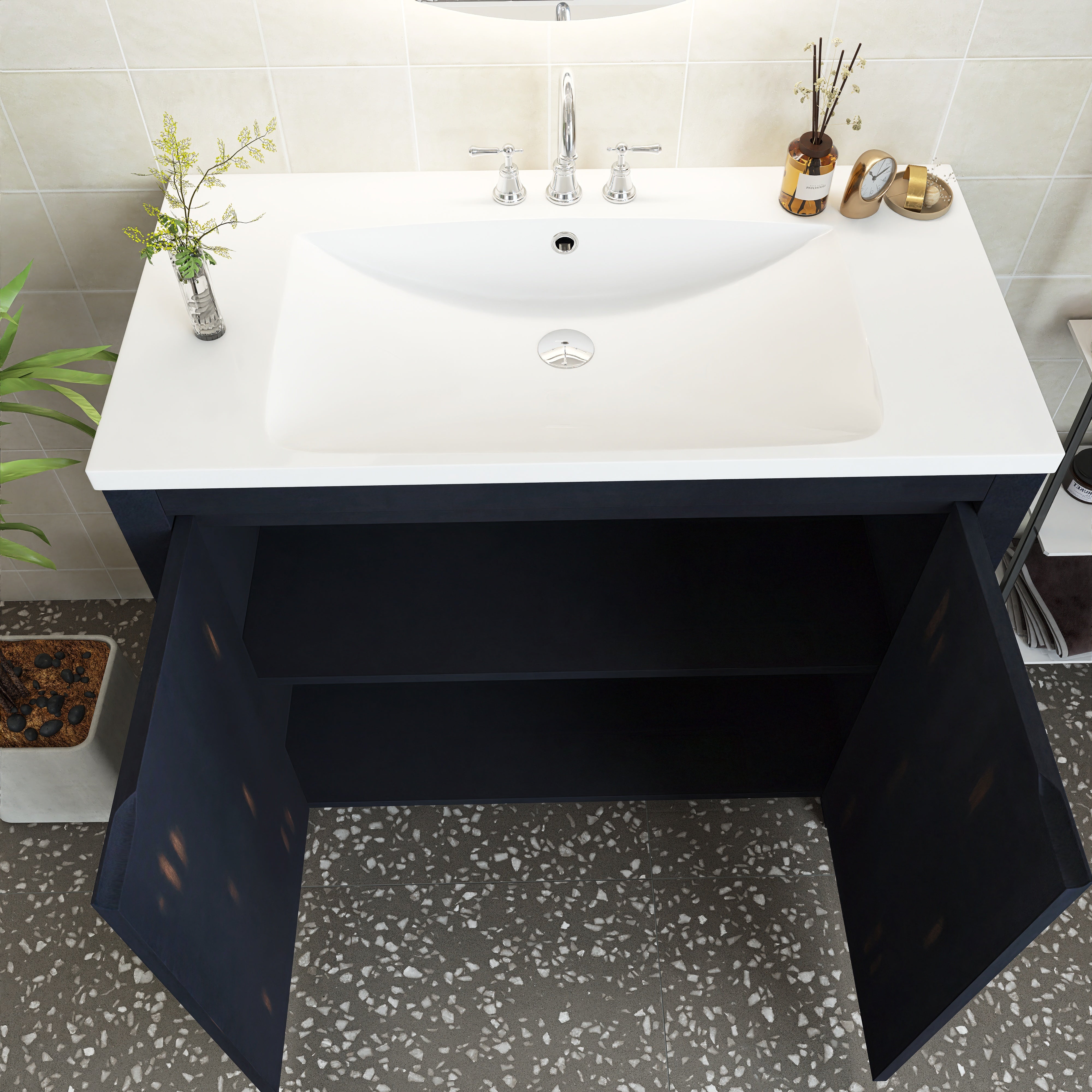 36 inch Freestanding Bath Vanity in Retro Espresso with White Resin Top