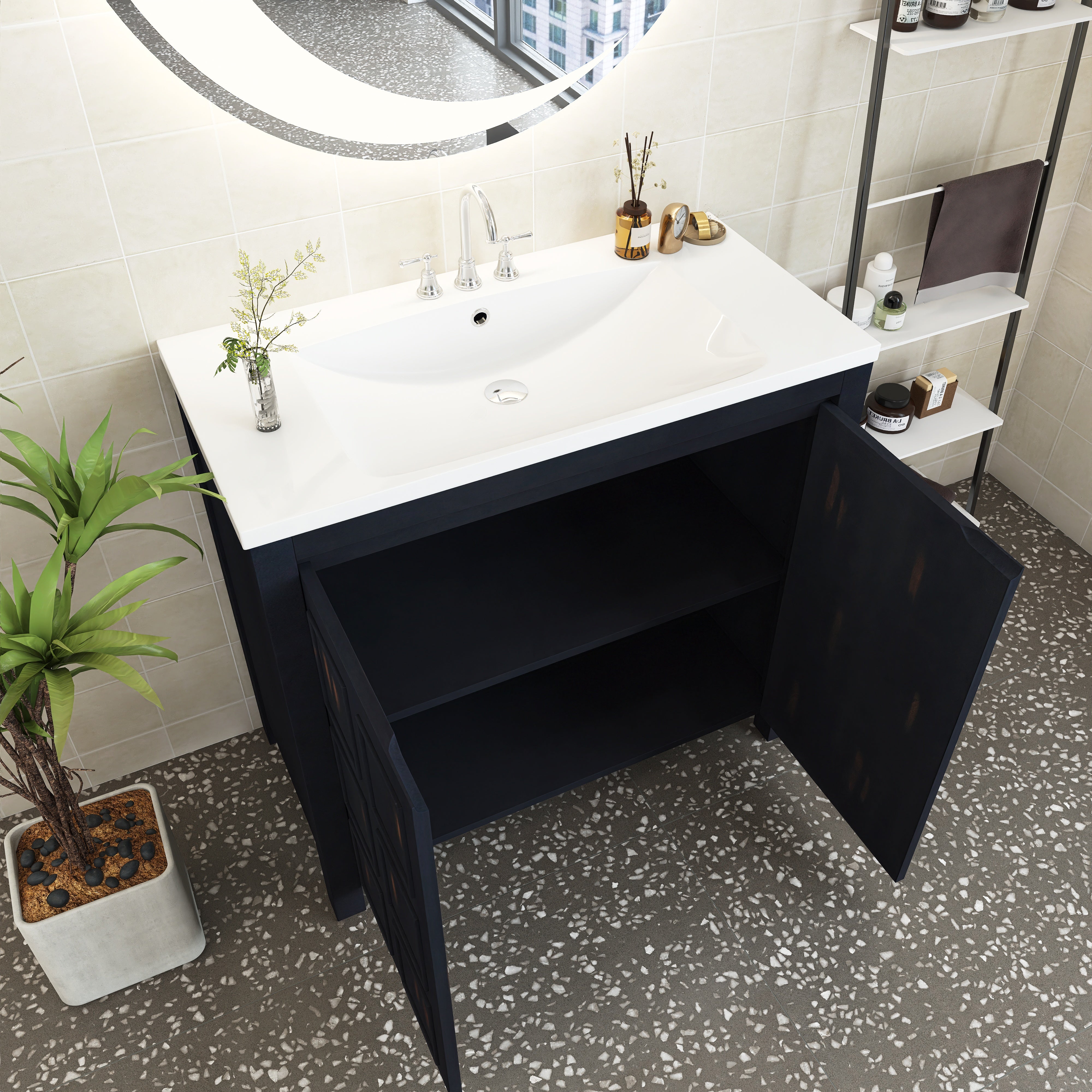 36 inch Freestanding Bath Vanity in Retro Espresso with White Resin Top