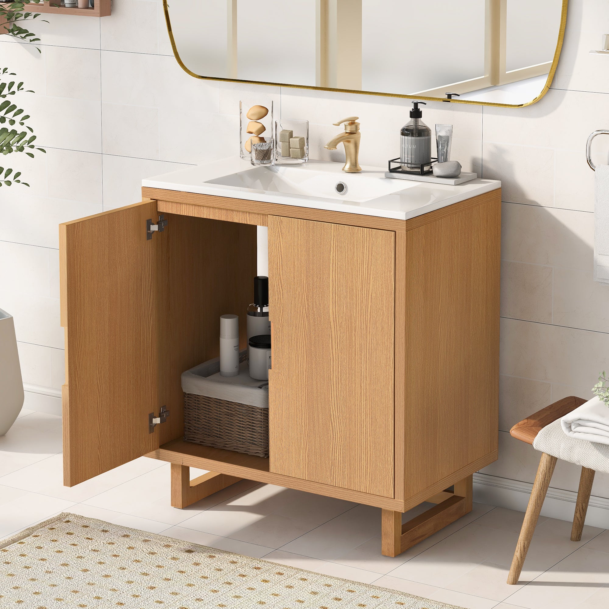 30 inch Solid Wood Freestanding Bathroom Vanity Set with White Integrated Resin Sink