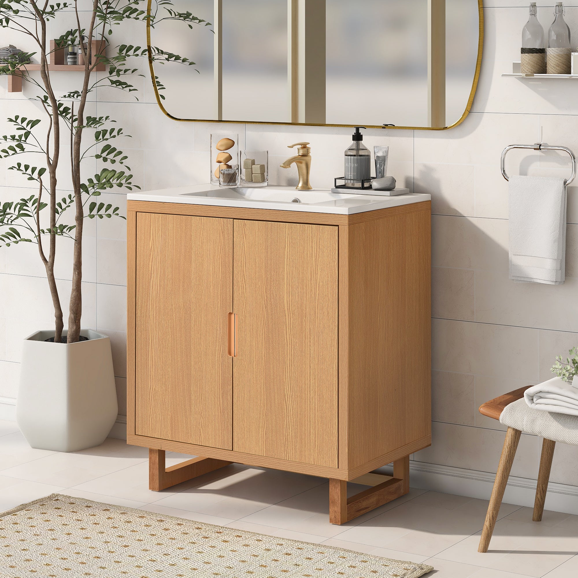 30 inch Solid Wood Freestanding Bathroom Vanity Set with White Integrated Resin Sink