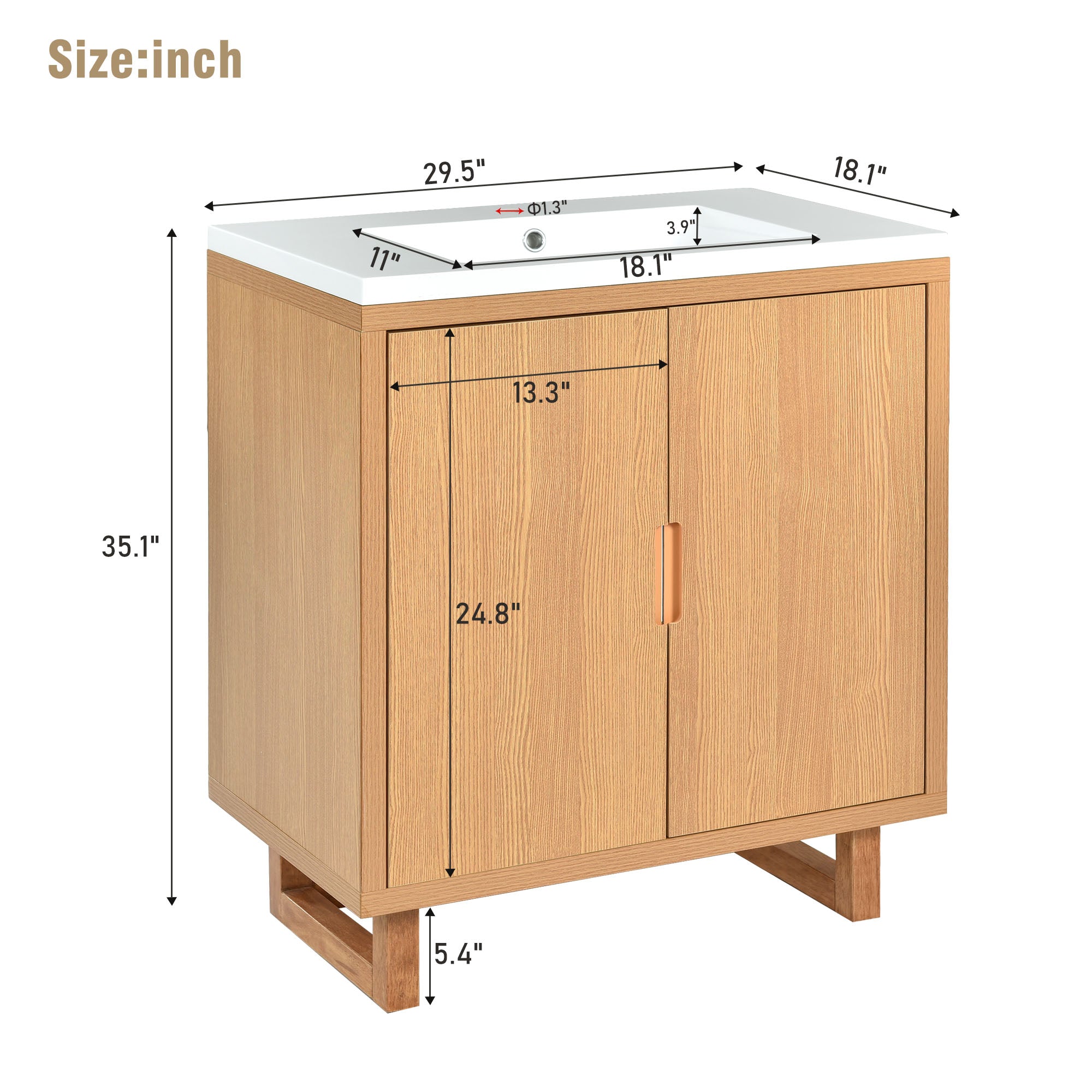 30 inch Solid Wood Freestanding Bathroom Vanity Set with White Integrated Resin Sink
