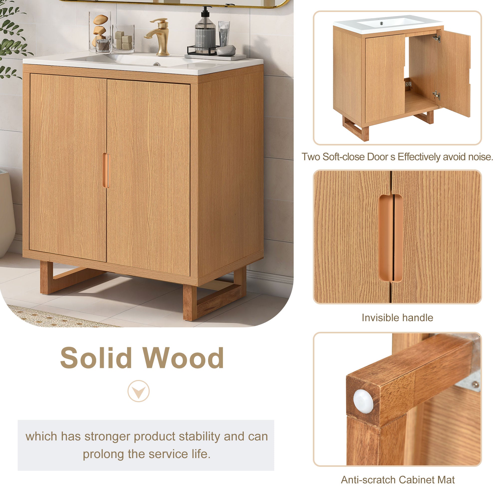 30 inch Solid Wood Freestanding Bathroom Vanity Set with White Integrated Resin Sink