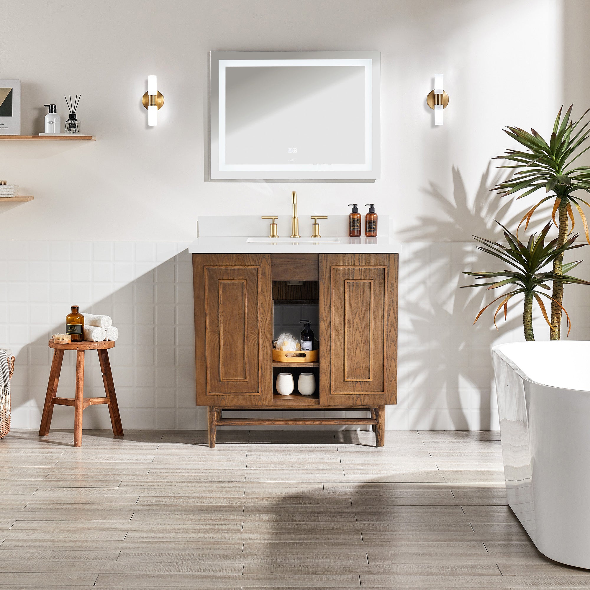 36 inch Solid Wood Freestanding Bathroom Vanity in Brown with Ceramic Sink with Drain