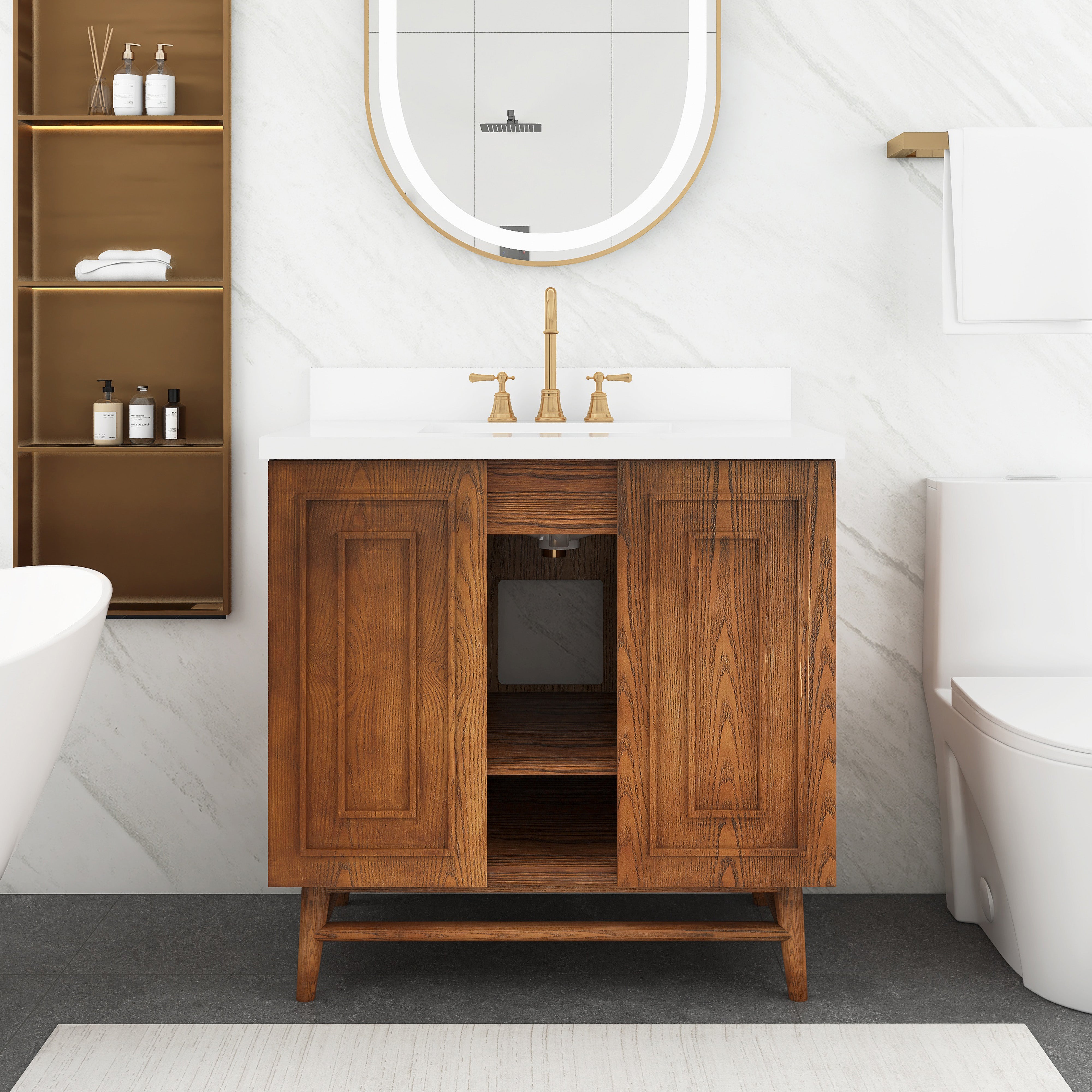 36 inch Solid Wood Freestanding Bathroom Vanity in Brown with Ceramic Sink with Drain