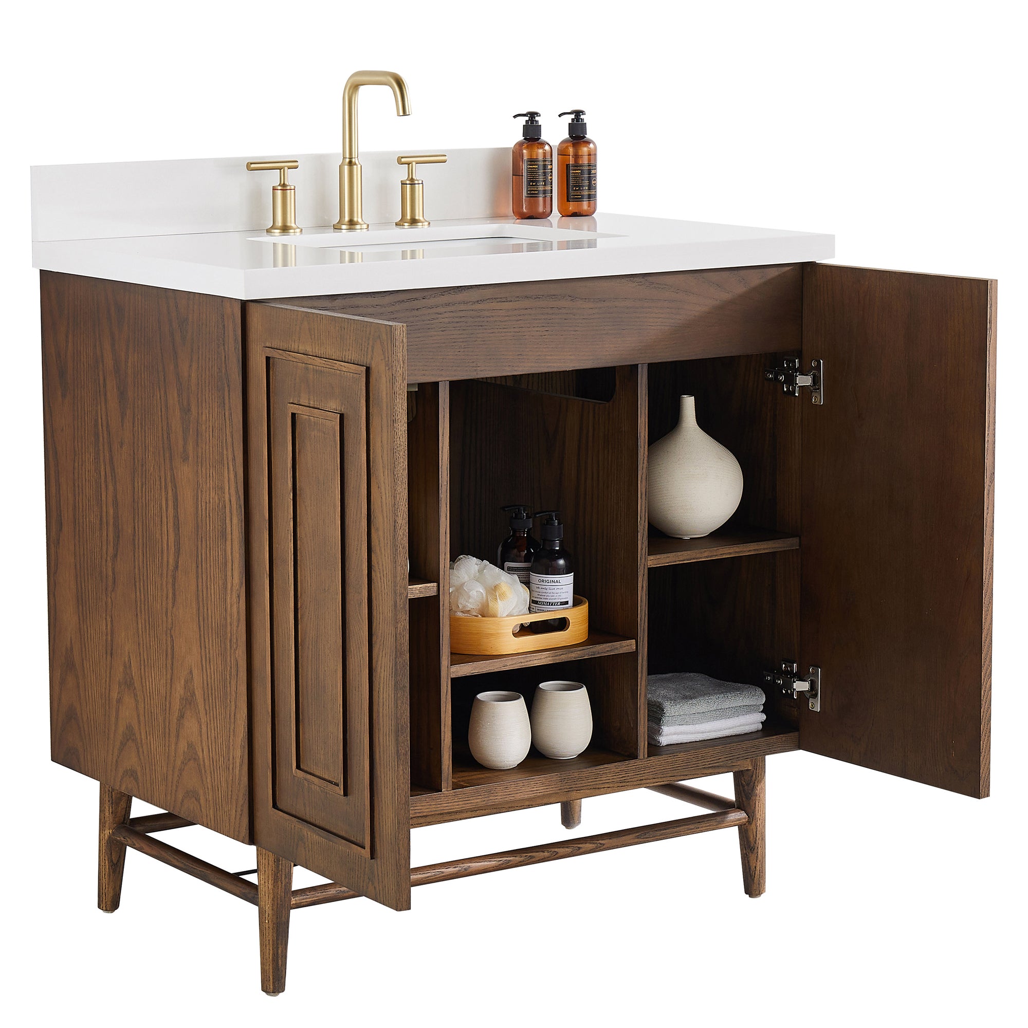 36 inch Solid Wood Freestanding Bathroom Vanity in Brown with Ceramic Sink with Drain