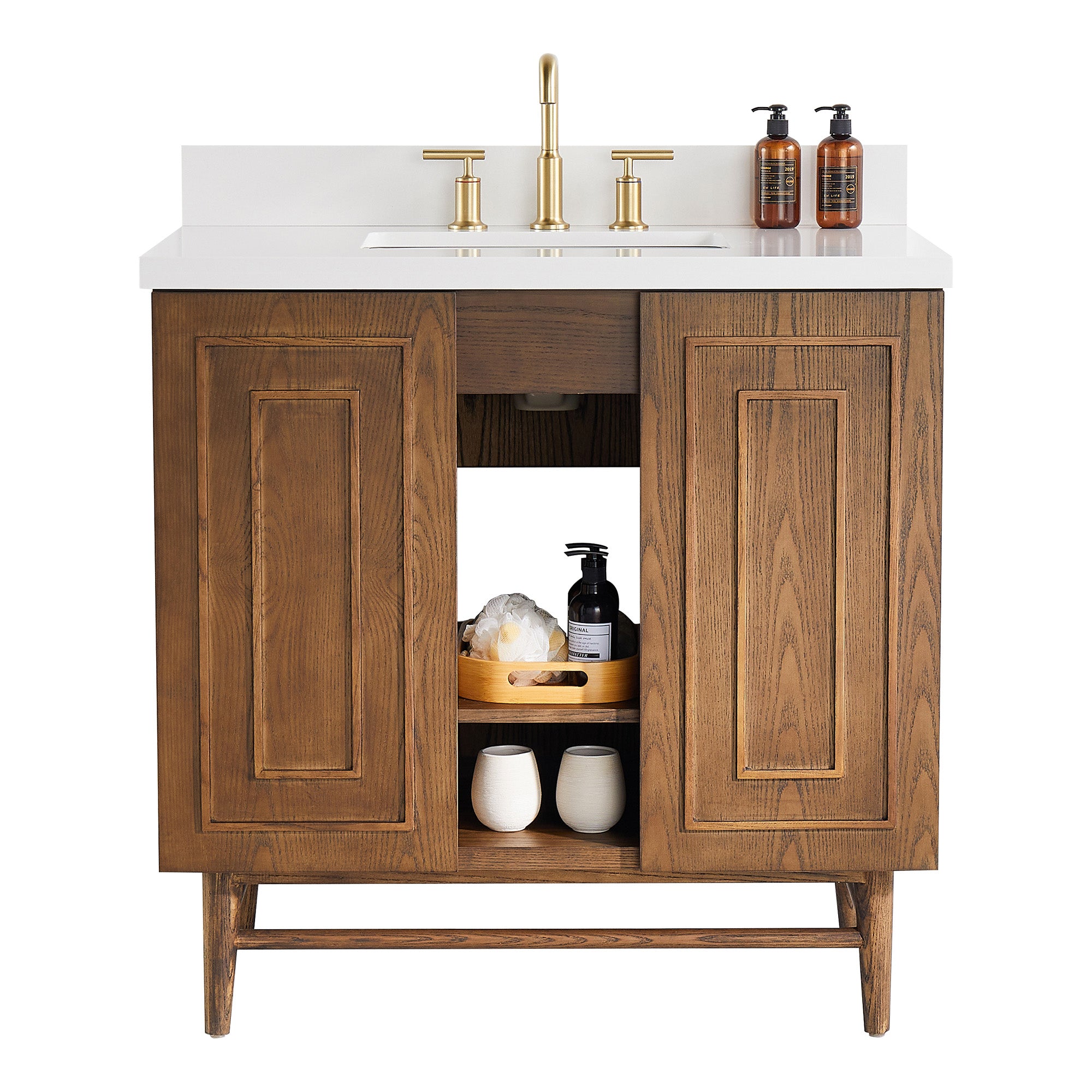 36 inch Solid Wood Freestanding Bathroom Vanity in Brown with Ceramic Sink with Drain