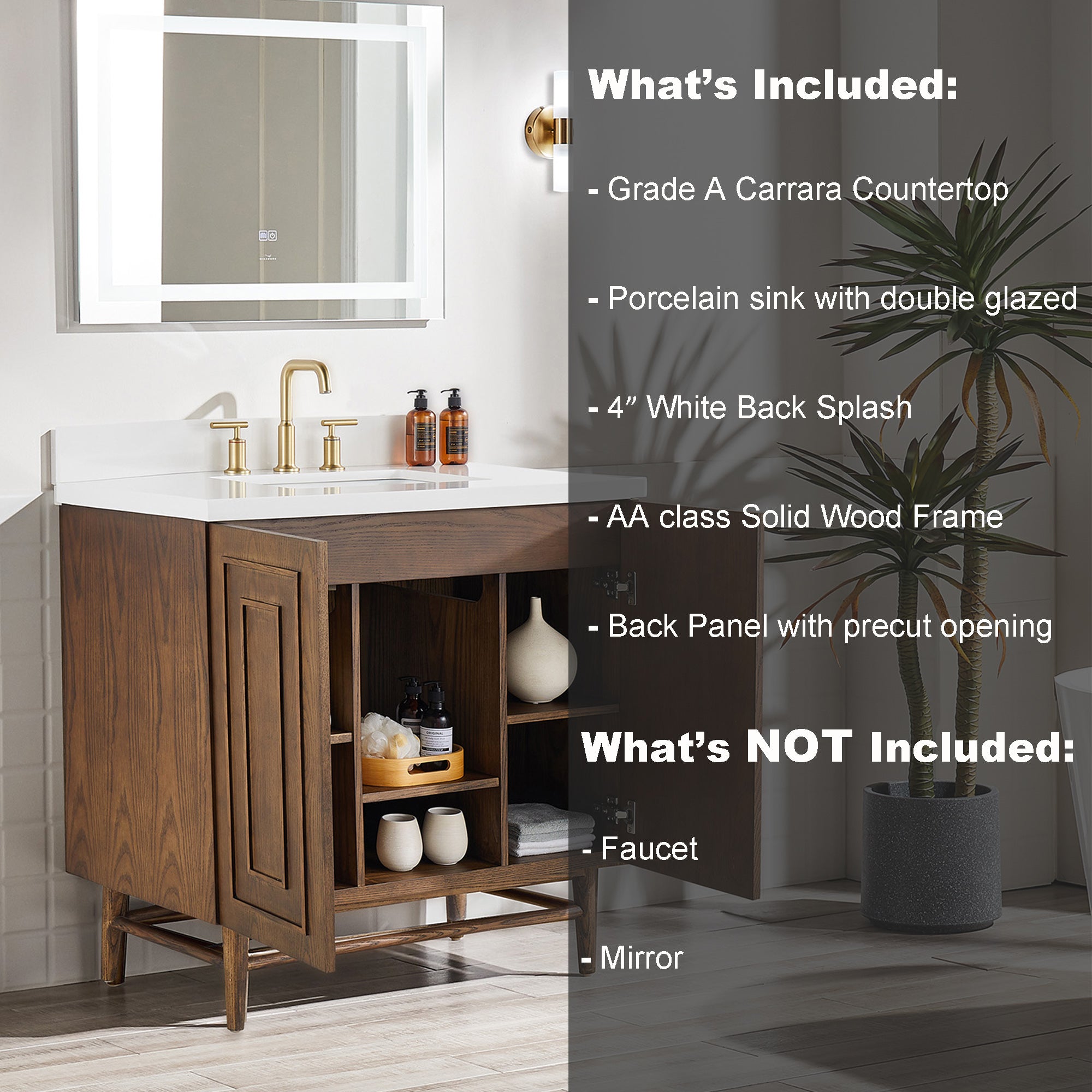 36 inch Solid Wood Freestanding Bathroom Vanity in Brown with Ceramic Sink with Drain