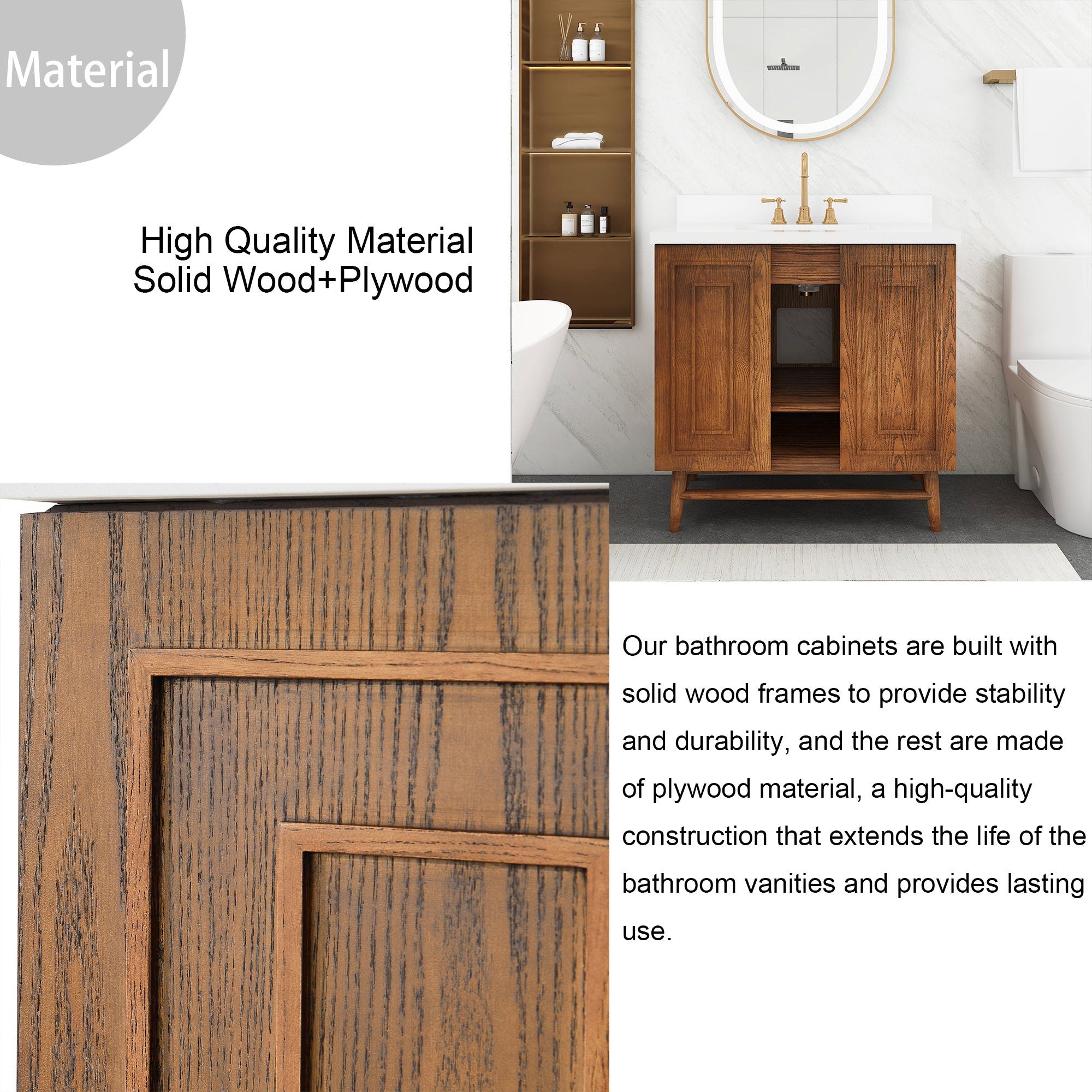 36 inch Solid Wood Freestanding Bathroom Vanity in Brown with Ceramic Sink with Drain