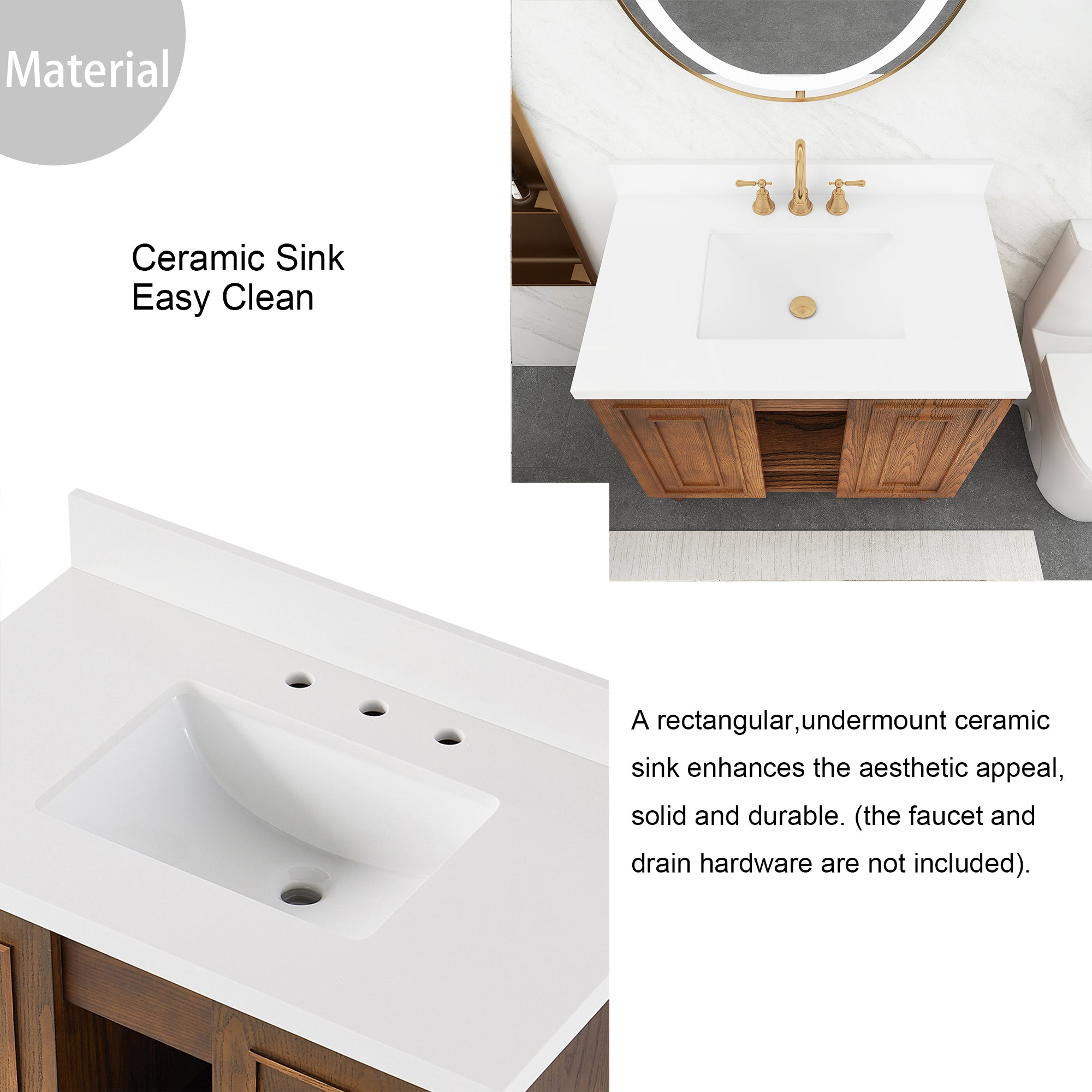 36 inch Solid Wood Freestanding Bathroom Vanity in Brown with Ceramic Sink with Drain
