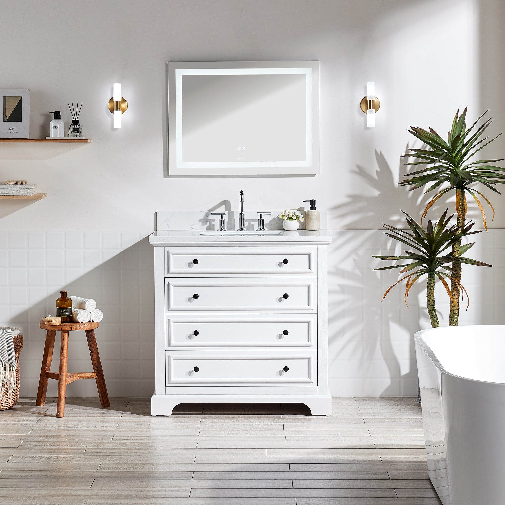 36 inch Solid Wood Freestanding Bathroom Vanity in White with Ceramic Sink with Drain