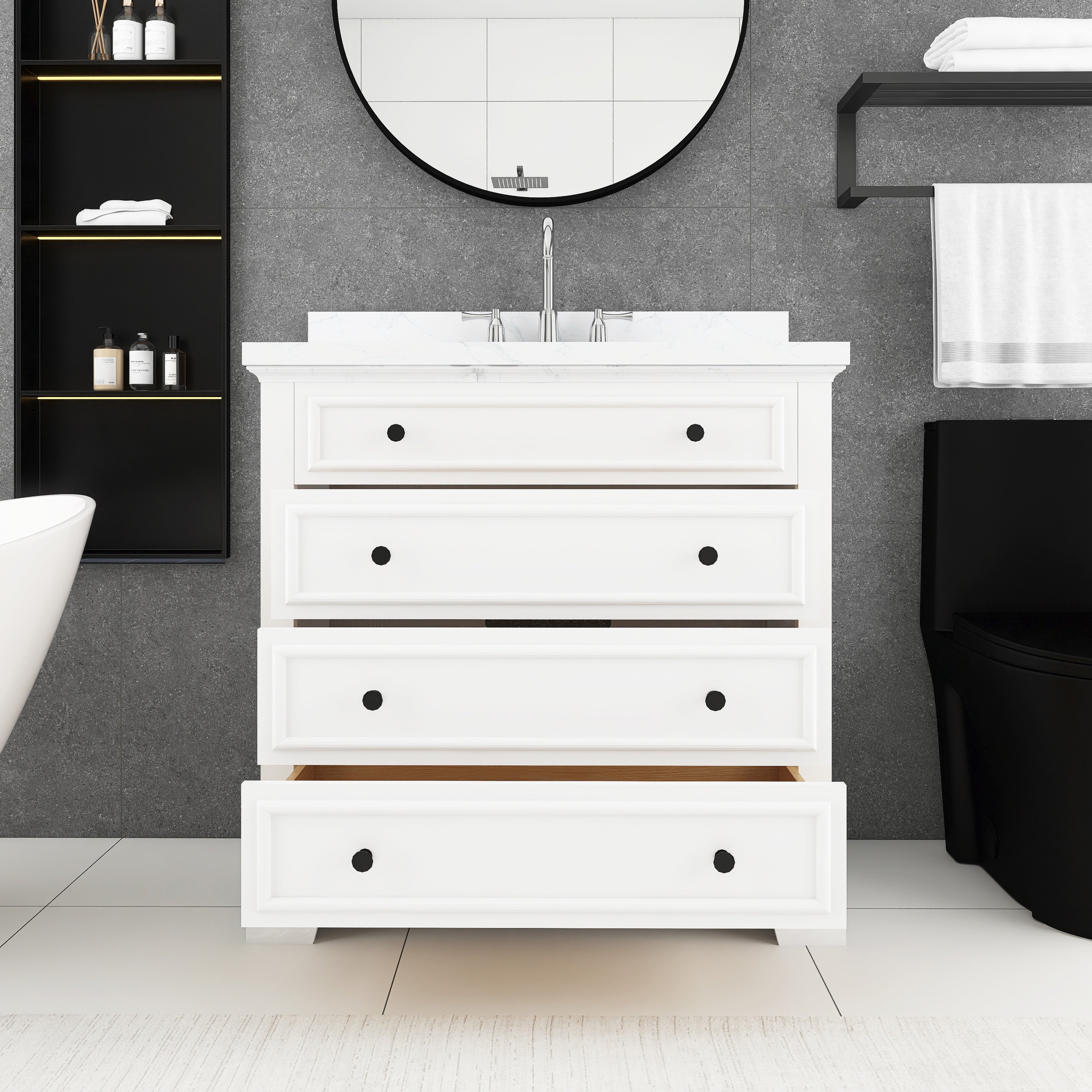 36 inch Solid Wood Freestanding Bathroom Vanity in White with Ceramic Sink with Drain